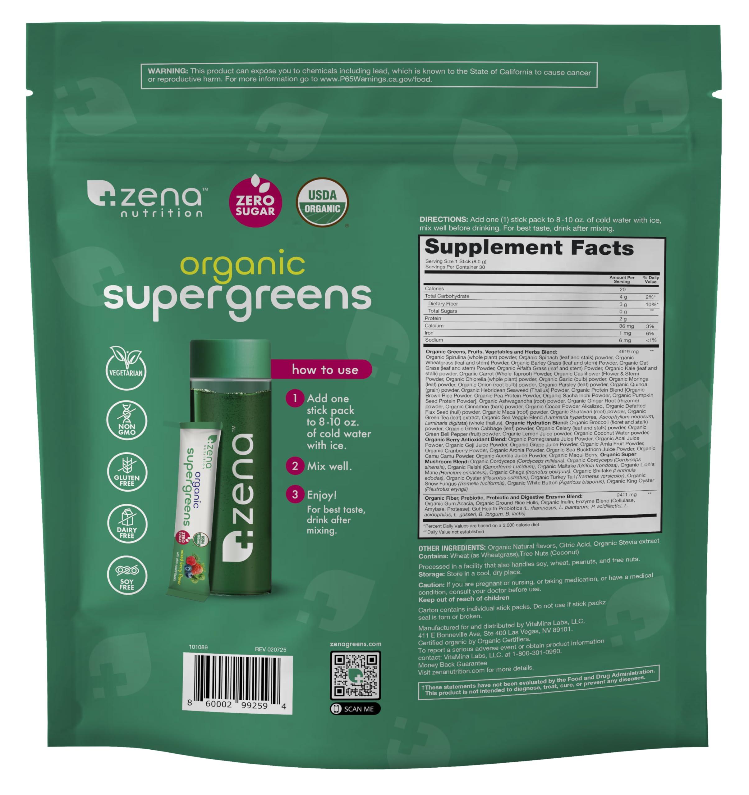 Zena Fit Nutrition Zena Organic Super Greens Powder, 70+ Superfoods Drink Mix, 0 Sugar, 3G Fiber, Fruits, Veggies, Spirulina, Chlorella, Antioxidants, Pre & Probiotics, Digestive Enzymes, Mixed Berry Flavor, 30 Packets