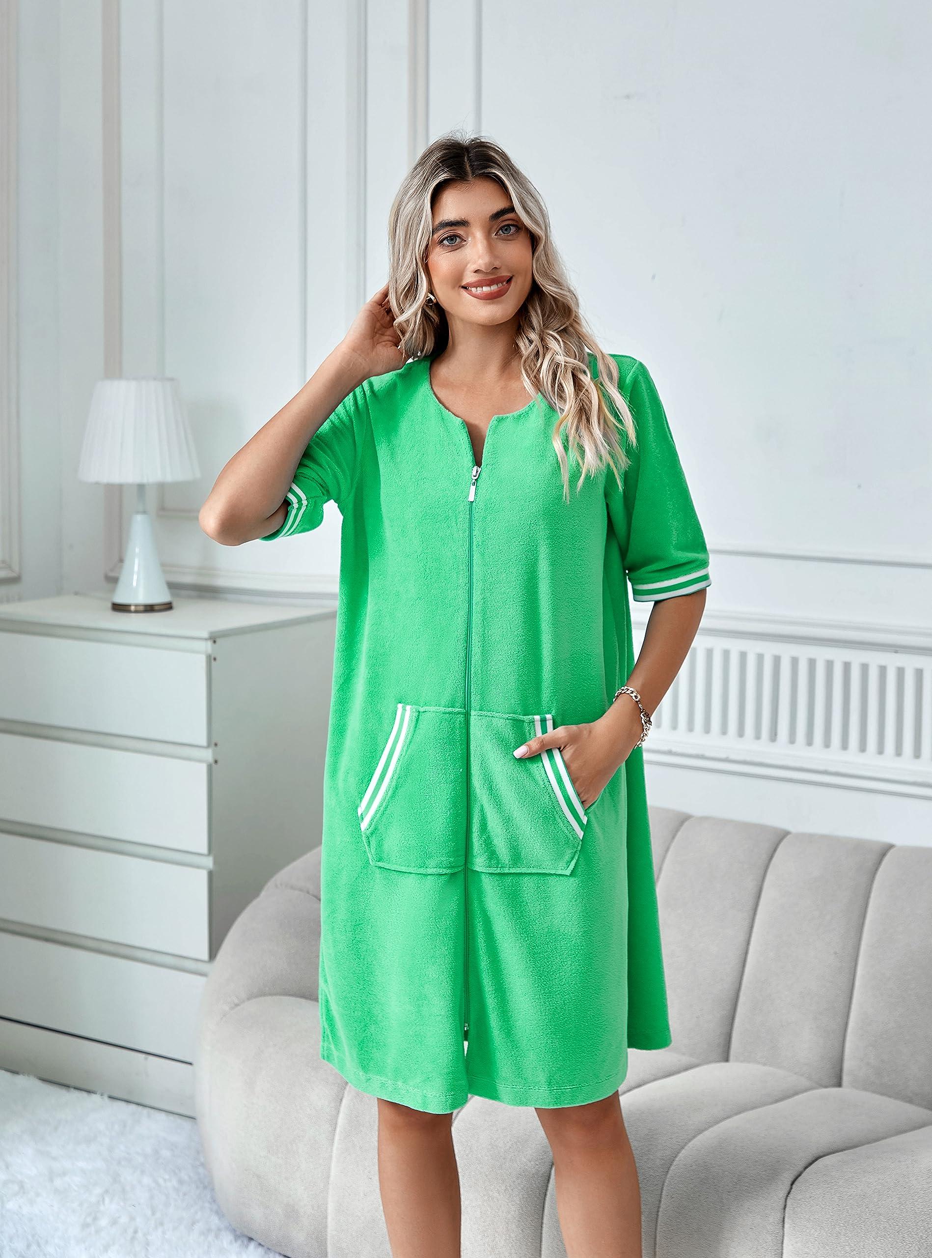 Richie House Richie House RH Housecoat Women Zipper Front Duster Robe 3/4 Lounger Housedress Pocket Nightgown S-3XL RHW4008-C-XL Green