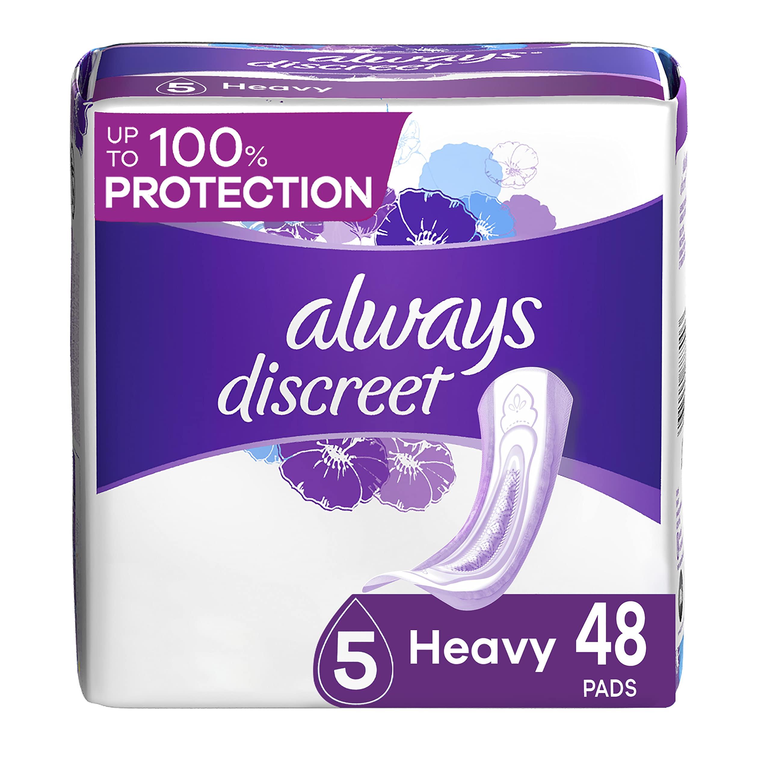 Always Discreet Always Discreet Incontinence Pads for Women and Postpartum Pads, Heavy, 48 CT, up to 100% Bladder Leak Protection