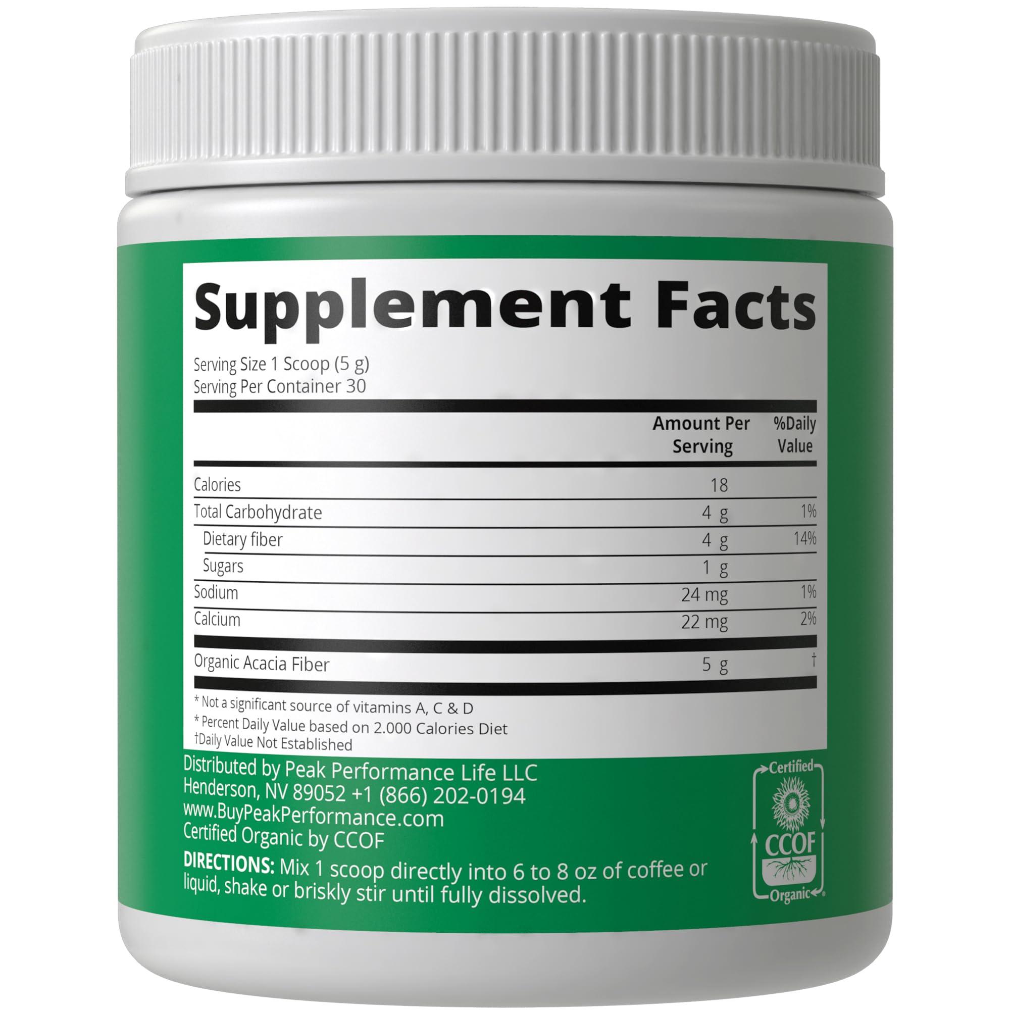 Peak Performance Organic Acacia Senegal Prebiotic Fiber Powder. Unflavored USDA Organic Plant Based Soluble Vegan Prebiotics Gut Health Supplement With Digestive Enzymes. HSA + FSA Eligible Vitamins Only List Approved