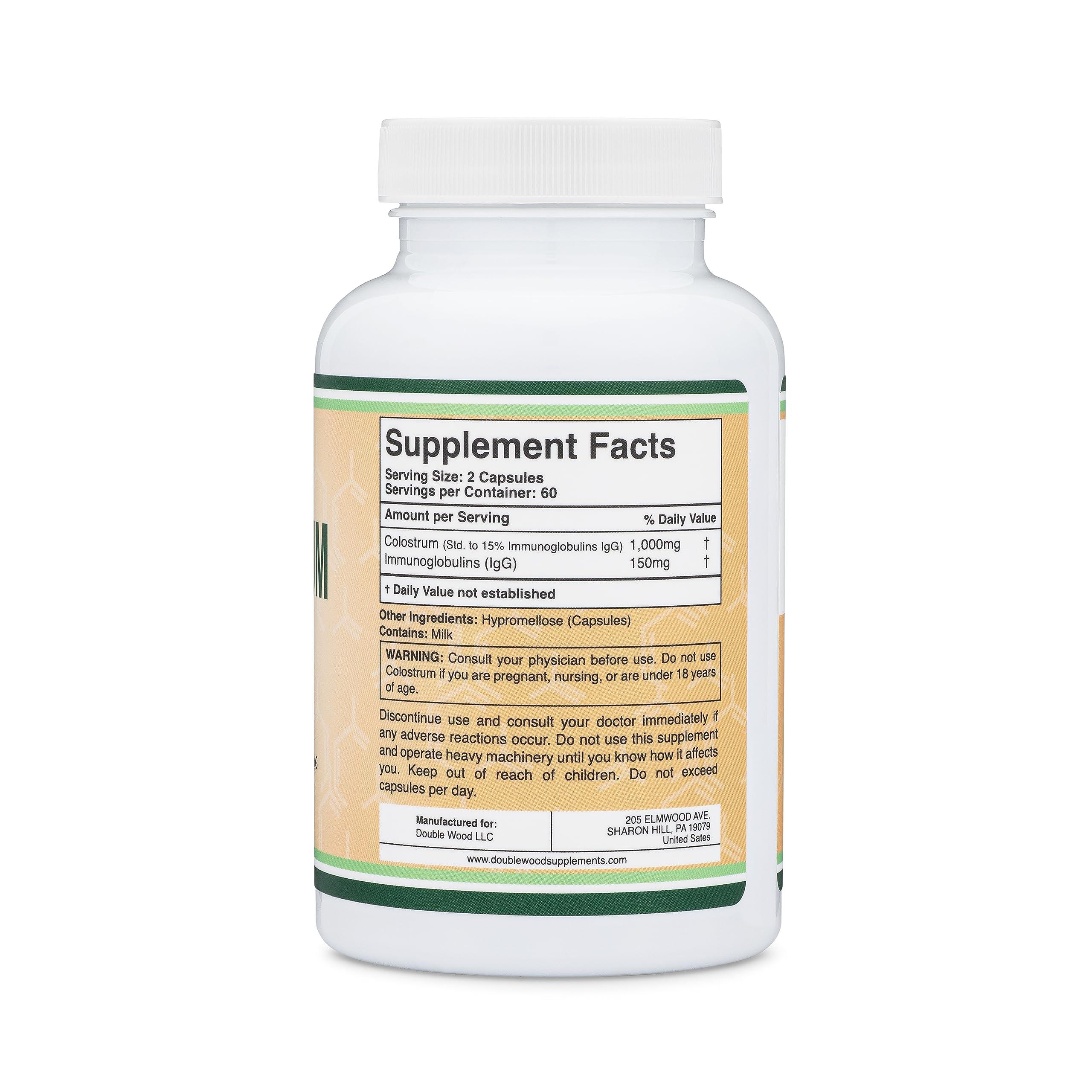 Double Wood Supplements Colostrum Supplement 120 Capsules, 1,000mg per Serving (Bovine Colostrum Powder from First Milking Only, Std. to Contain 15% IgG Immunoglobulins) No Fillers, Third Party Tested by Double Wood