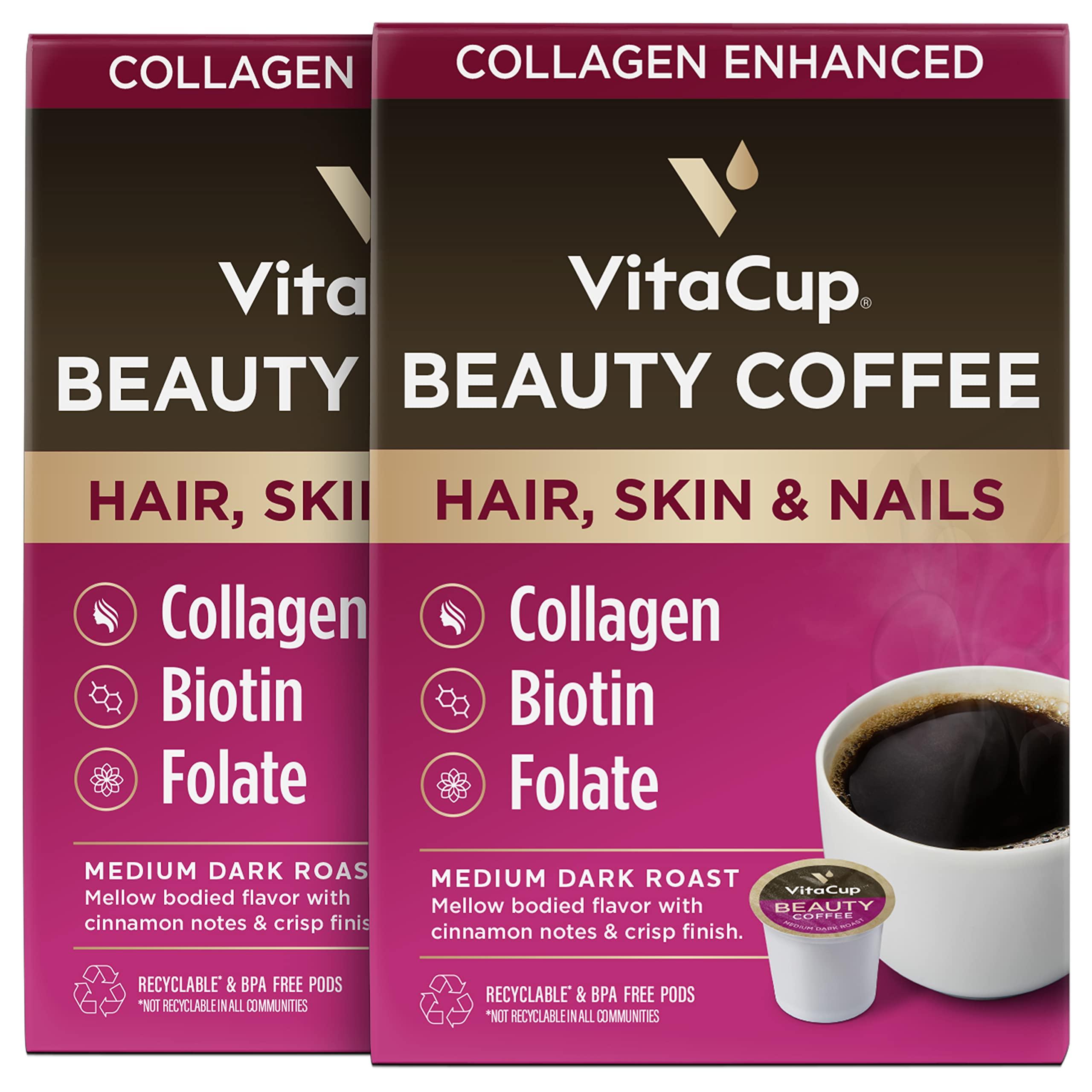 VitaCup VitaCup Beauty Collagen Coffee Pods for Hair, Skin & Nails, with Biotin & Folate, Medium Dark Roast, Keto Friendly, Recyclable Single Serve Pod Compatible with Keurig K-Cup Brewers,32 Ct