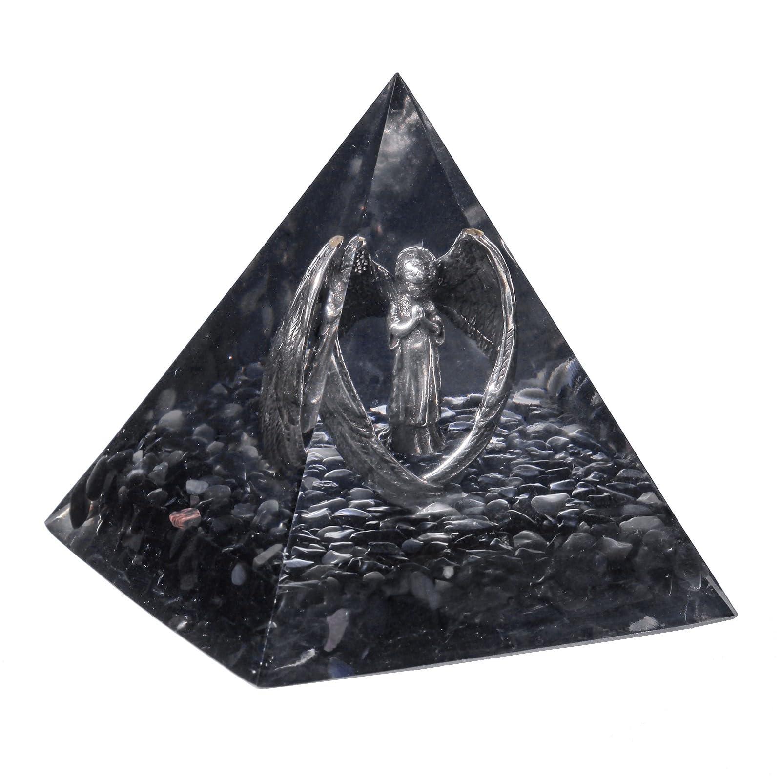 TUMBEELLUWA TUMBEELLUWA Guardian Angel Crystal Pyramid Praying Stone Statue Orgone Energy Generator for Protection Meditation Reiki Healing, Black Obsidian