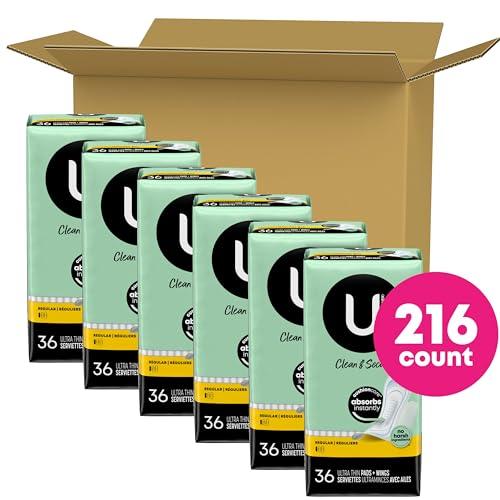 U by Kotex U by Kotex Clean & Secure Ultra Thin Pads with Wings, Regular Absorbency, 216 Count (6 Packs of 36) (Packaging May Vary)