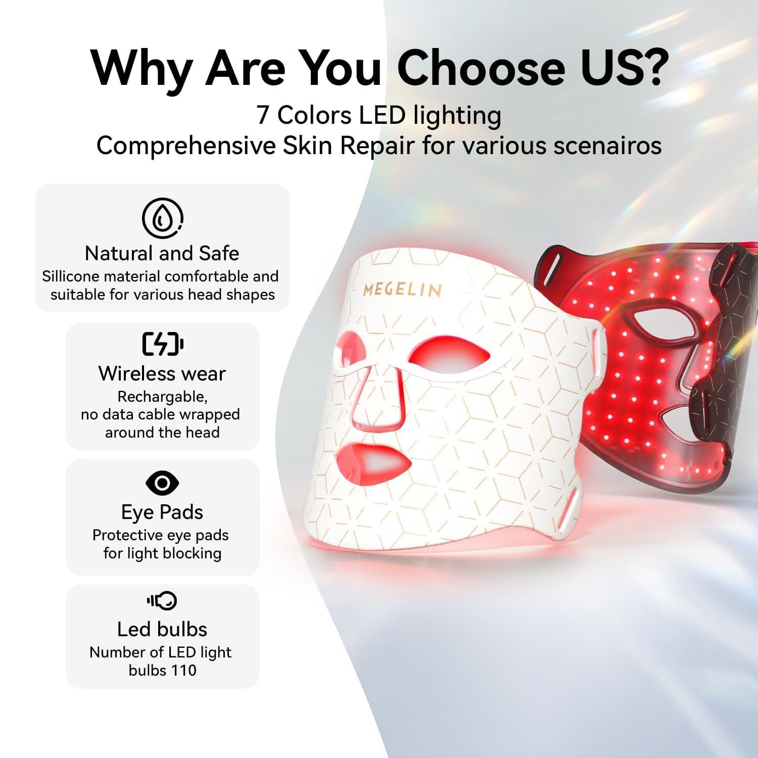 MEGELIN MEGELIN Led Red Light Therapy Mask,7 Colors Led Light Therapy Facial Mask