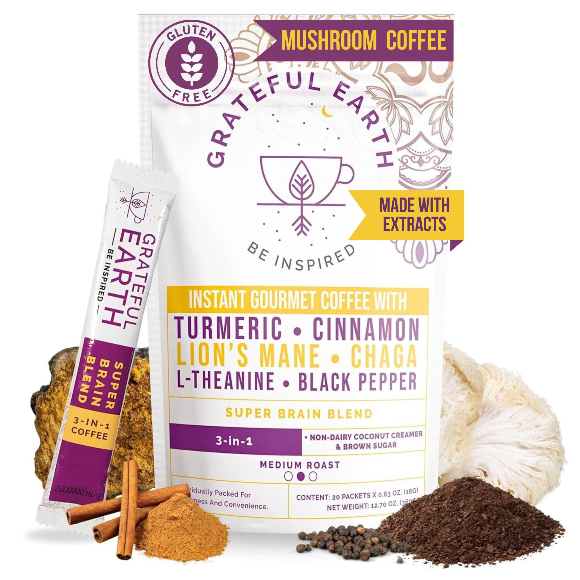 Grateful Earth Grateful Earth Mushroom Coffee, Coconut Instant Coffee with Cinnamon, Turmeric, Lions Mane Mushrooms, L-Theanine, Chaga, Super Brain Blend For Energy & Immune Support, Dairy & Gluten Free, 20 Packets