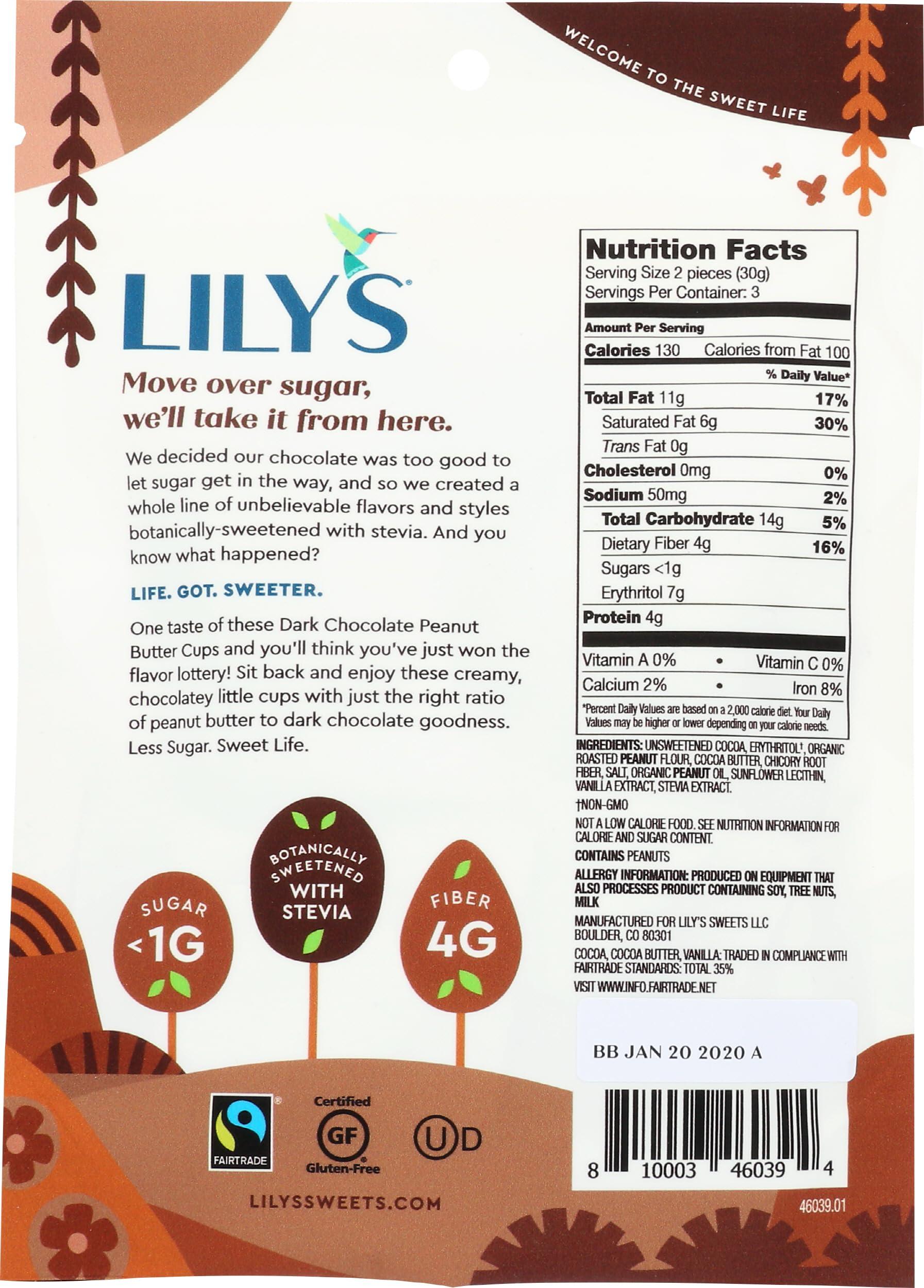 Lily's LILY\'S Dark Chocolate Style Peanut Butter Cups No Sugar Added, Sweets Bag, 3.2 oz