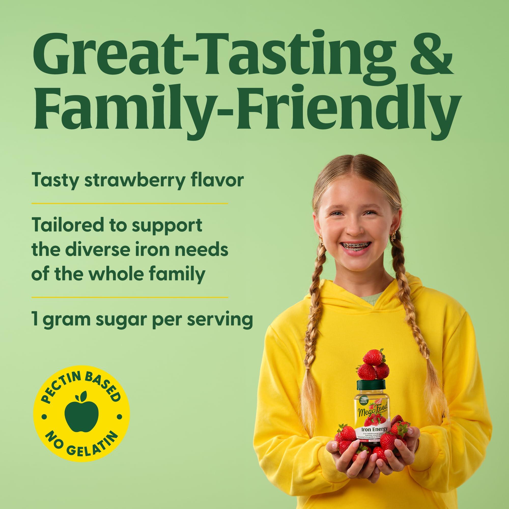 MegaFood MegaFood Iron Energy Gummies - Vegan & Gluten-Free Iron Supplement for Women, Men, Teens & Kids with Vitamin B12 & B6, from The Makers of Blood Builder Iron Supplement, Strawberry Flavor - 60 Gummies