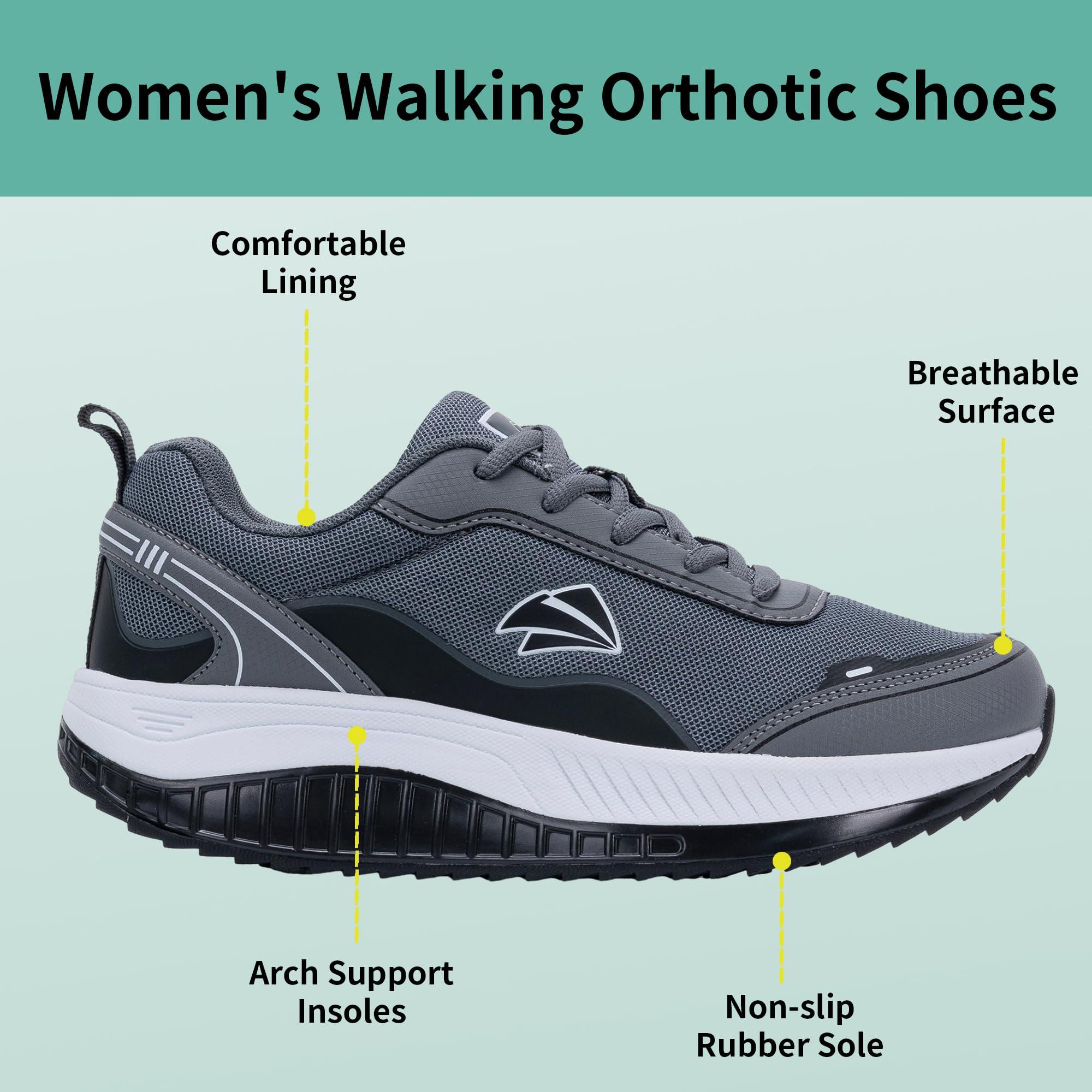 AOV AOV Women\'s Walking Shoes with Arch Support Orthotic Sneakers for Plantar Fasciitis Comfortable Non Slip Tennis Shoes BlackGray 9