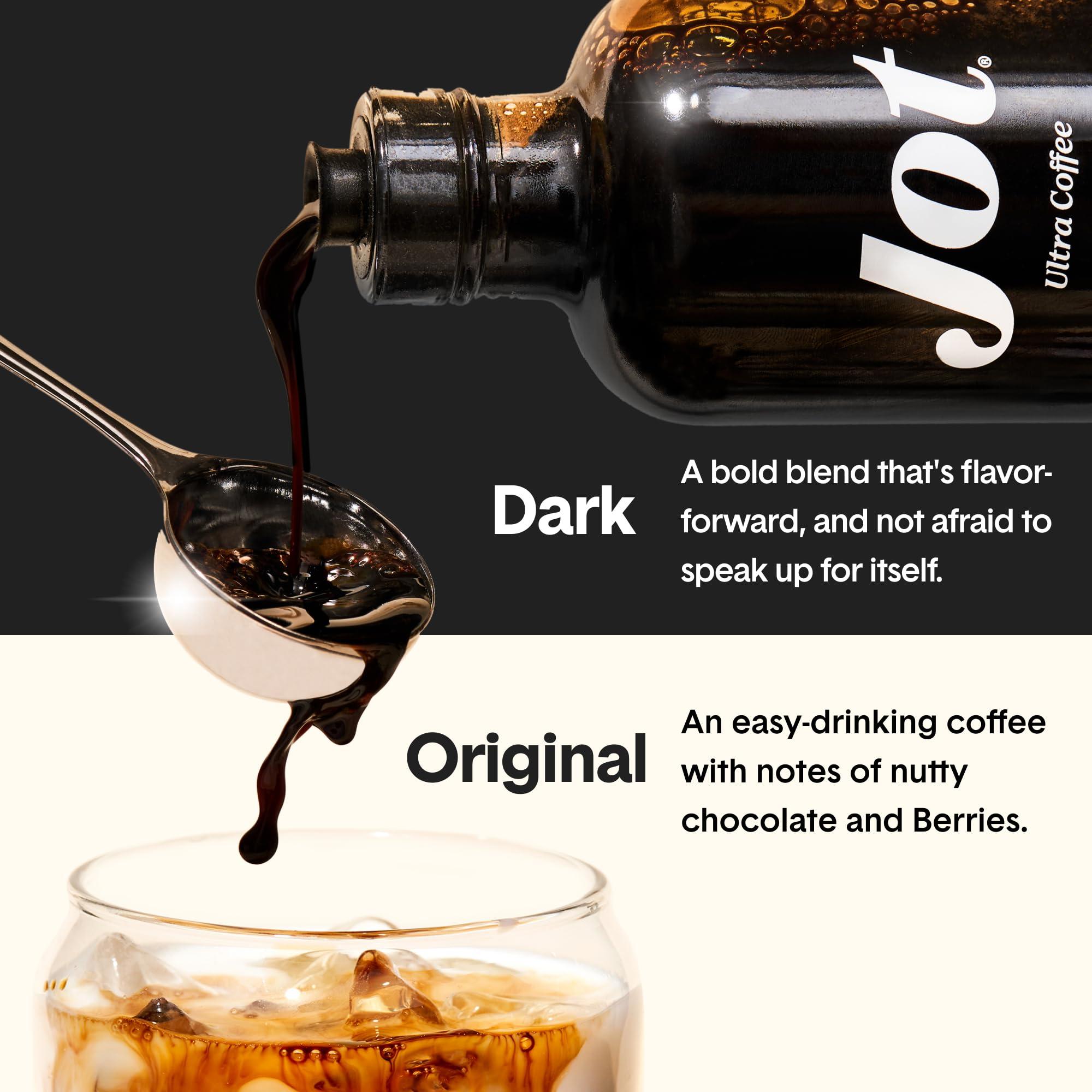 Jot Jot Coffee Concentrate Duo (Original/Dark 2pk) High Caffeine Instant Cold Brew Coffee, Iced Coffee Instant Espresso, Hot Coffee Drinks, 14 Cups Instant Coffee Cold Brew Concentrate 150mg Caffeine/Tbsp