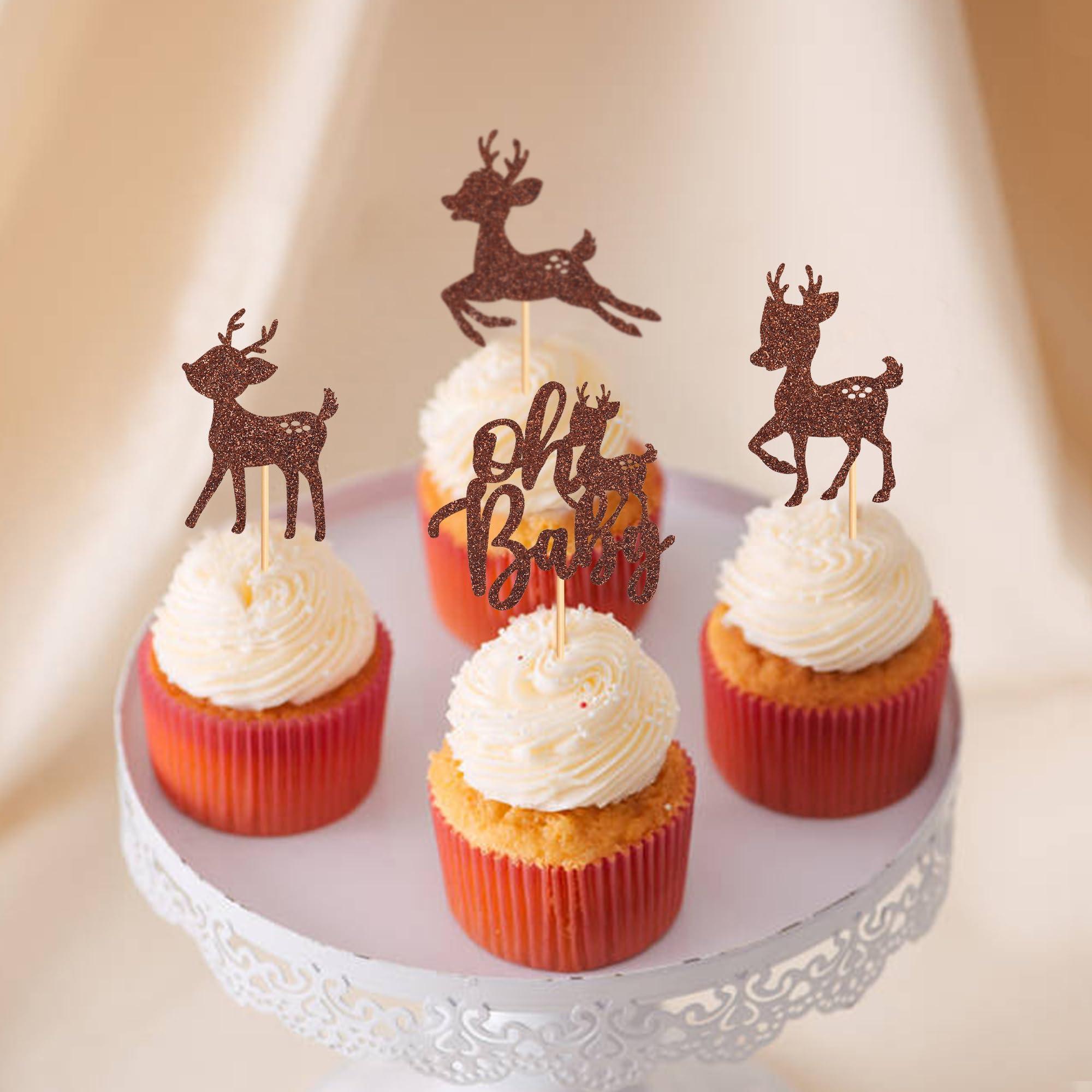 Ercadio Ercadio 36 Pack Deer Cupcake Toppers Brown Glitter Deer Oh Baby Cupcake Toppers Deer Cupcake Picks for Christmas Theme Deer Birthday Baby Shower Cake Decoration Supplies