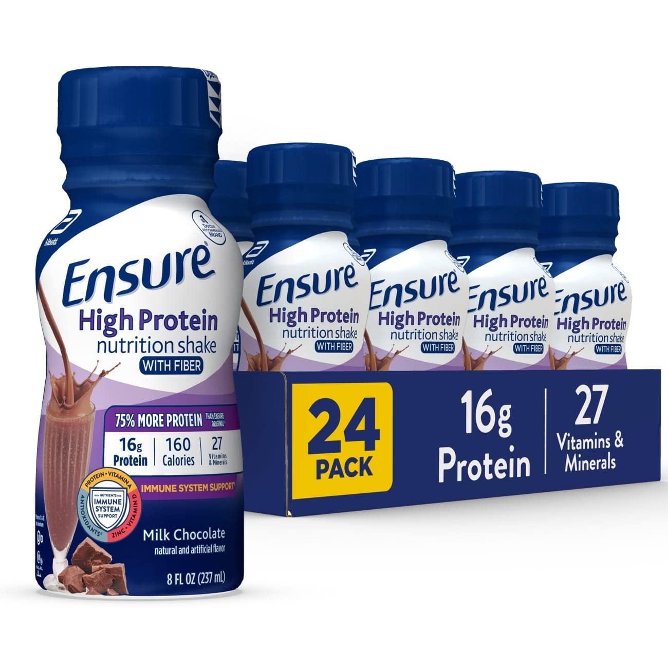 Ensure Ensure High Protein Nutritional Shake With Fiber & Ensure Plus Nutrition Shake With Fiber, 16 Grams of Protein, Meal Replacement Liquid, Milk Chocolate, gluten free, 8 Fl Oz (Pack of 24)