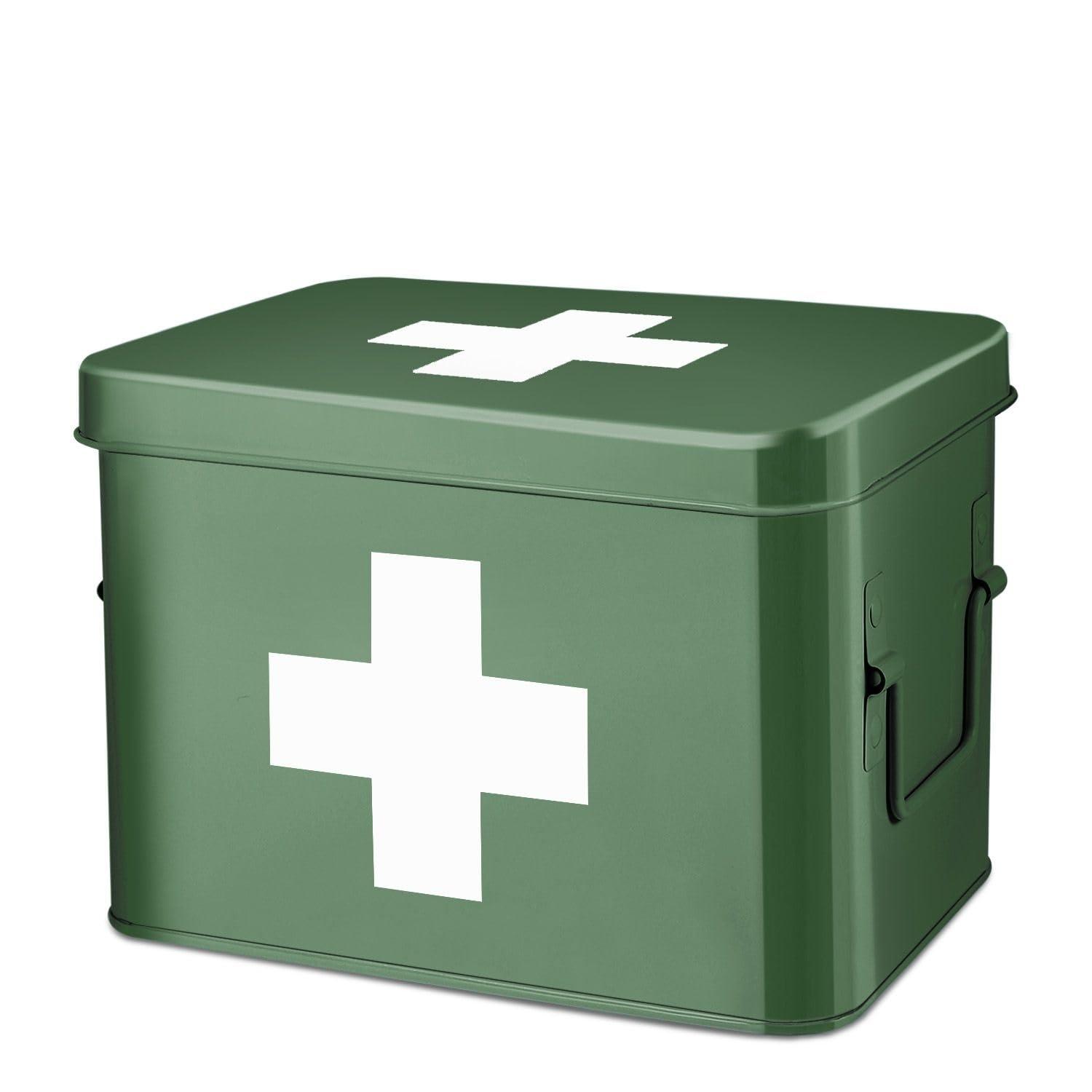 Flexzion Flexzion First Aid Box Organizer, Empty 8.5 Inch Green Vintage First Aid Kit Tin Metal Medical Box First Aid Storage Box Container Bins with Dividers, Removable Tray and Cross Logo