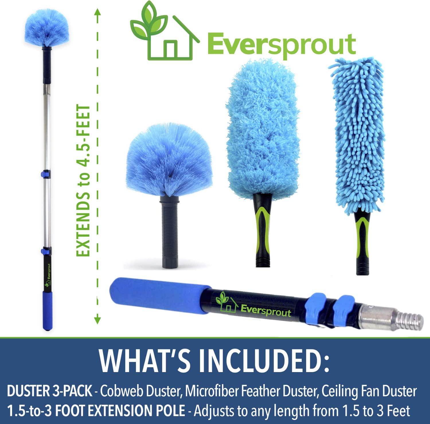 EVERSPROUT EVERSPROUT 1.5-to-3 Ft Duster 3-Pack with Extension-Pole (8-10 Ft Standing Reach) | Hand-Packaged Cobweb Duster, Microfiber Feather Duster, Flexible Microfiber Ceiling & Fan Duster | Telescopic Pole