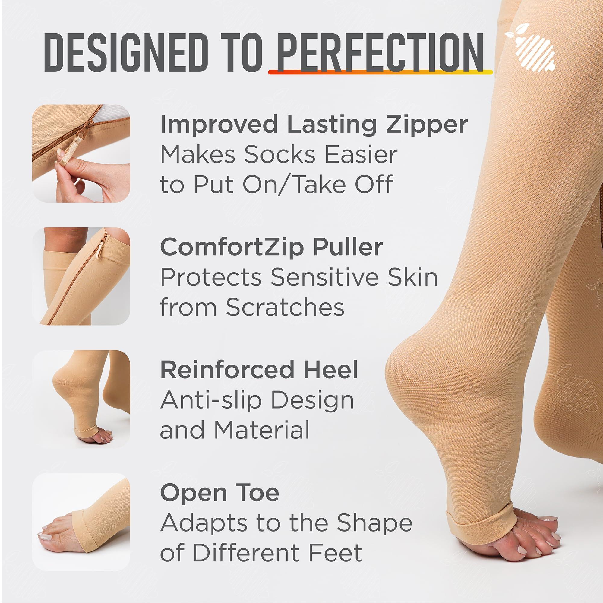Lemon Hero Short Zipper Compression Socks for Women and Men Open Toe 15-20 mmhg Medical Zippered with Zip Guard Skin Protection (3XL, Biege)