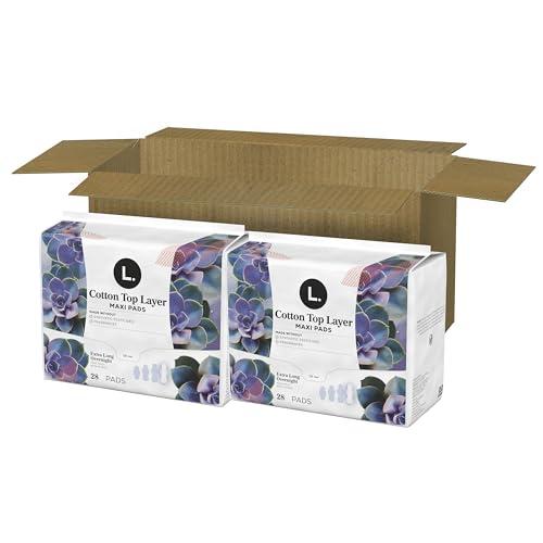 L. L. Pure Cotton Topsheet Pads for Women, Extra Long Overnight Pads, Maxi Pads with Wings, Unscented Menstrual Pads, 28 Count x 2 Packs (56 Count Total) (Packaging May Vary)