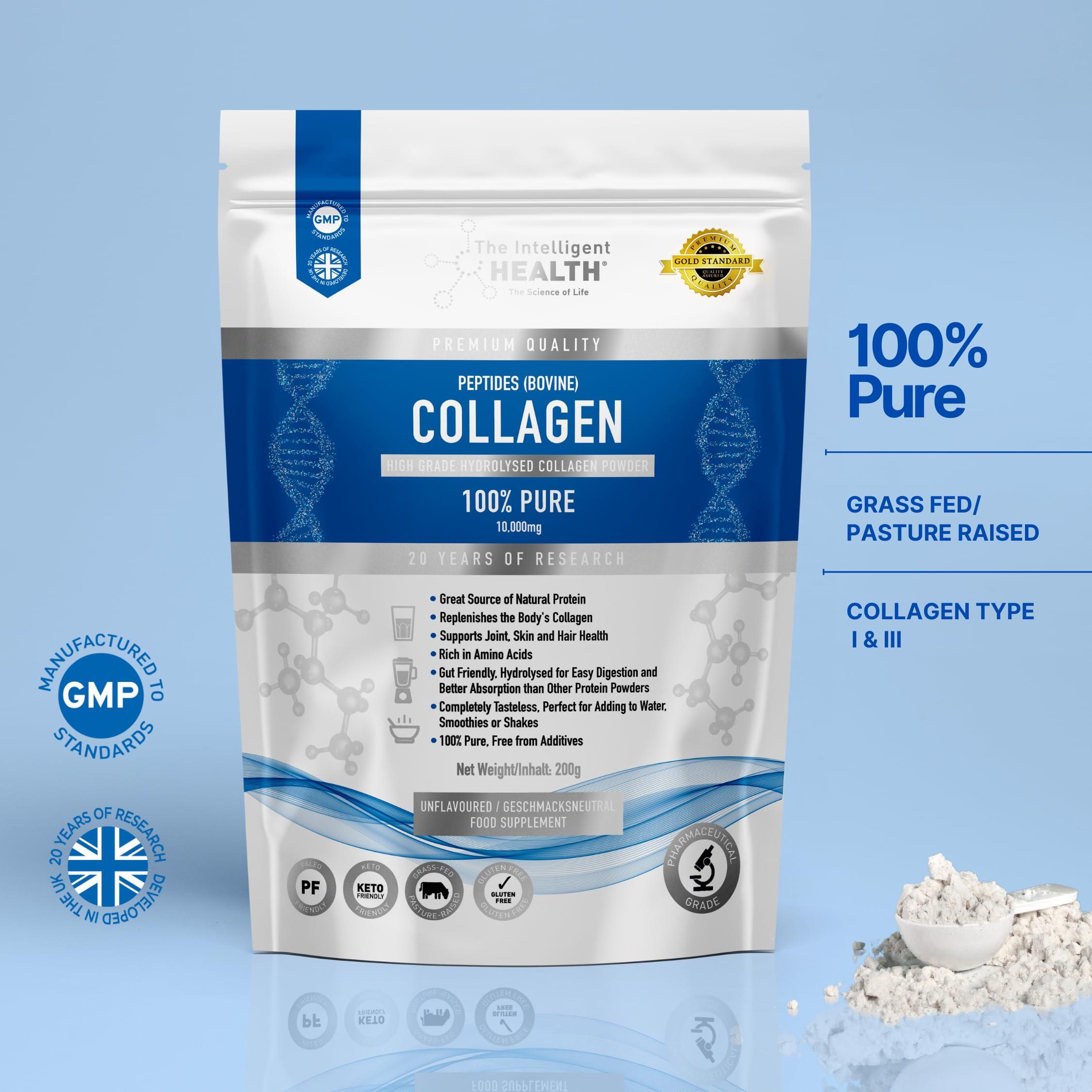 The Intelligent Health The Intelligent Health Hydrolyzed Collagen Peptides Powder, Grass Fed, High Protein, Unflavored, Gluten-Free, Paleo & Keto Friendly, 10g per Serving (200g) Supports Skin, Hair, Nails, Joints, & Bones