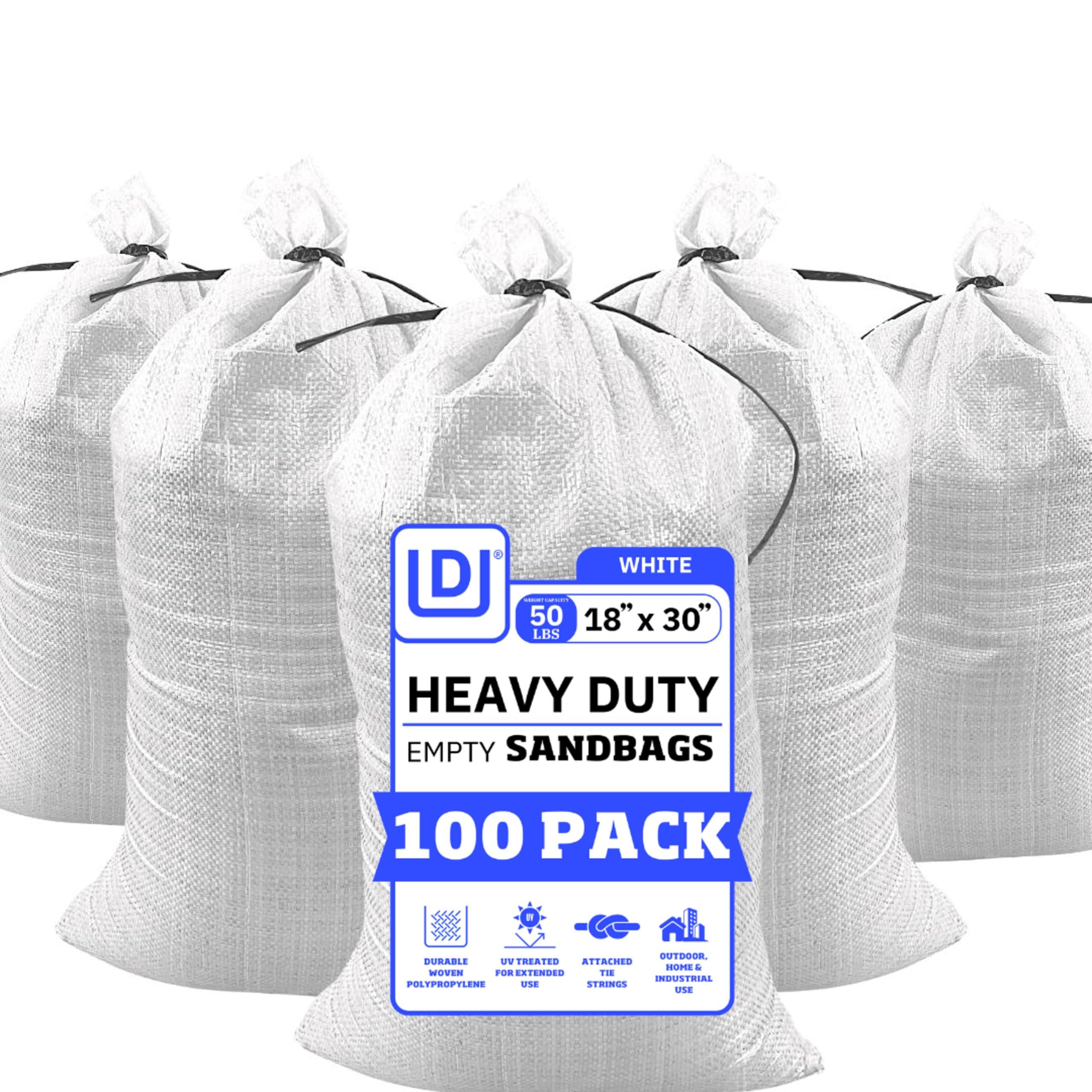 DURASACK DURASACK Large Heavy Duty Sand Bags with Tie Strings Empty Woven Polypropylene Sandbags for Flood Control with 1600 Hours of UV Protection, 50 lbs Capacity, 18x30 inches, White, 100 Count