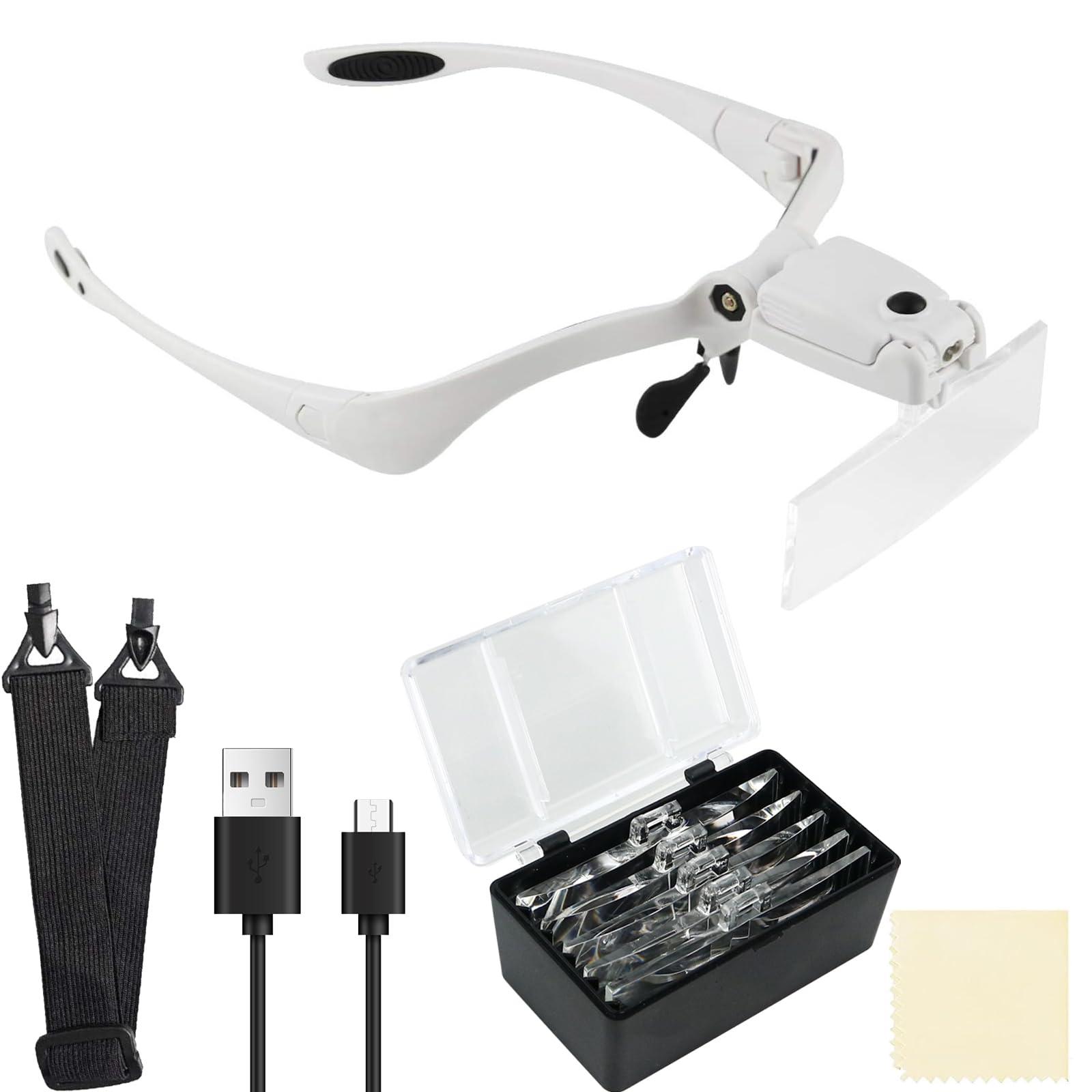Beileshi Beileshi Headband Magnifying Glasses with Rechargeable LED Lampstents and Headband Interchangeable Magnifier 5 Magnification of Lenses: 1.0X 1.5X 2.0X 2.5X 3.5X