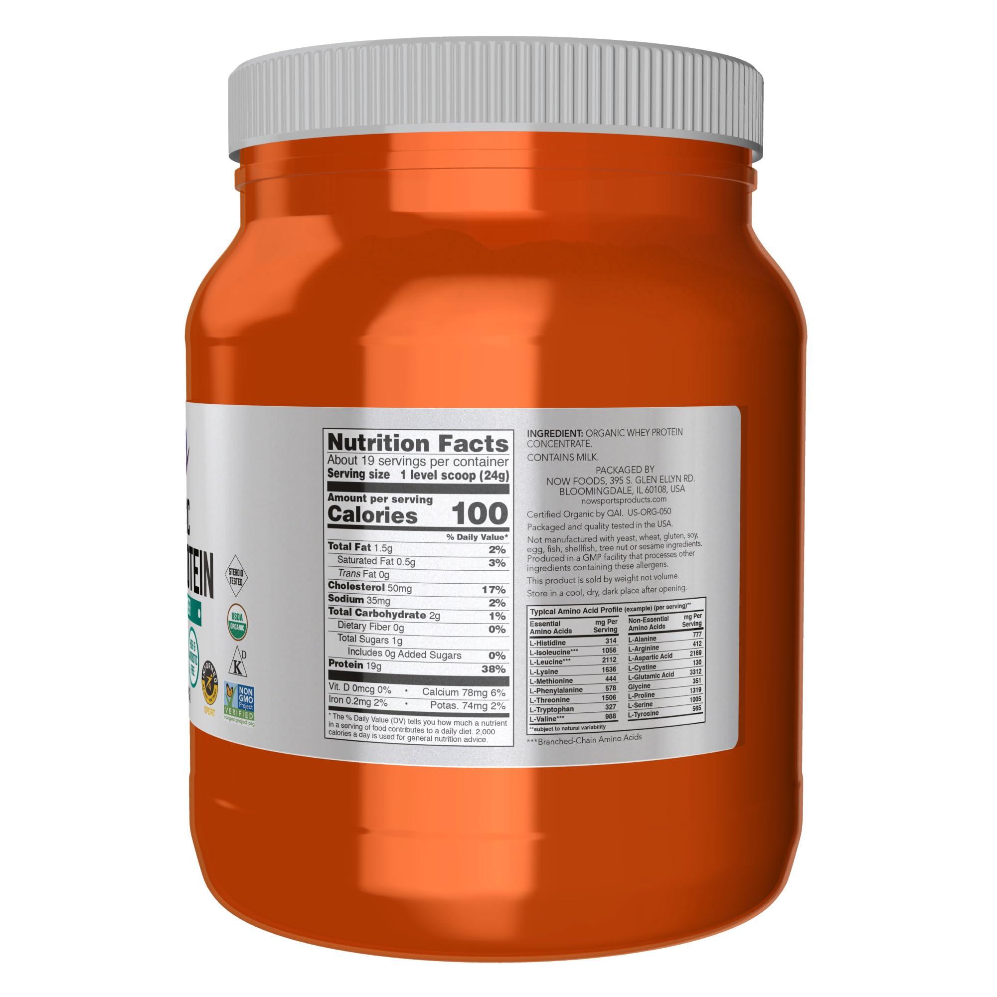 NOW NOW Sports Nutrition, Certified Organic Whey Protein 19 g, Unflavored Powder, 1-Pound