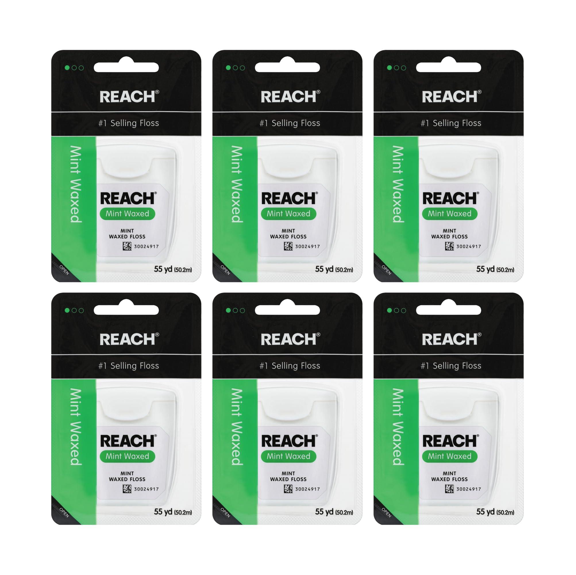 Reach REACH Waxed Dental Floss, Mint, Plaque Remover for Teeth, Shred Resistant, Floss Slides Smoothly, Easy to Use, Waxed, Deep Cleaning Teeth, Oral Care, PFAS Free, for Adults & Kids, 6 Pack, 55 yd