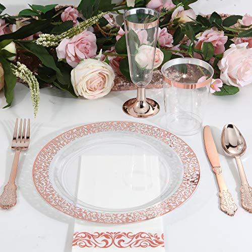 I00000 I00000 102 Pieces Rose Gold Plastic Lunch Plates, 9” Clear Disposable Dinner Plates with Rose Gold Lace Rim, Ideal for Big Parties or Wedding for Wedding & Party