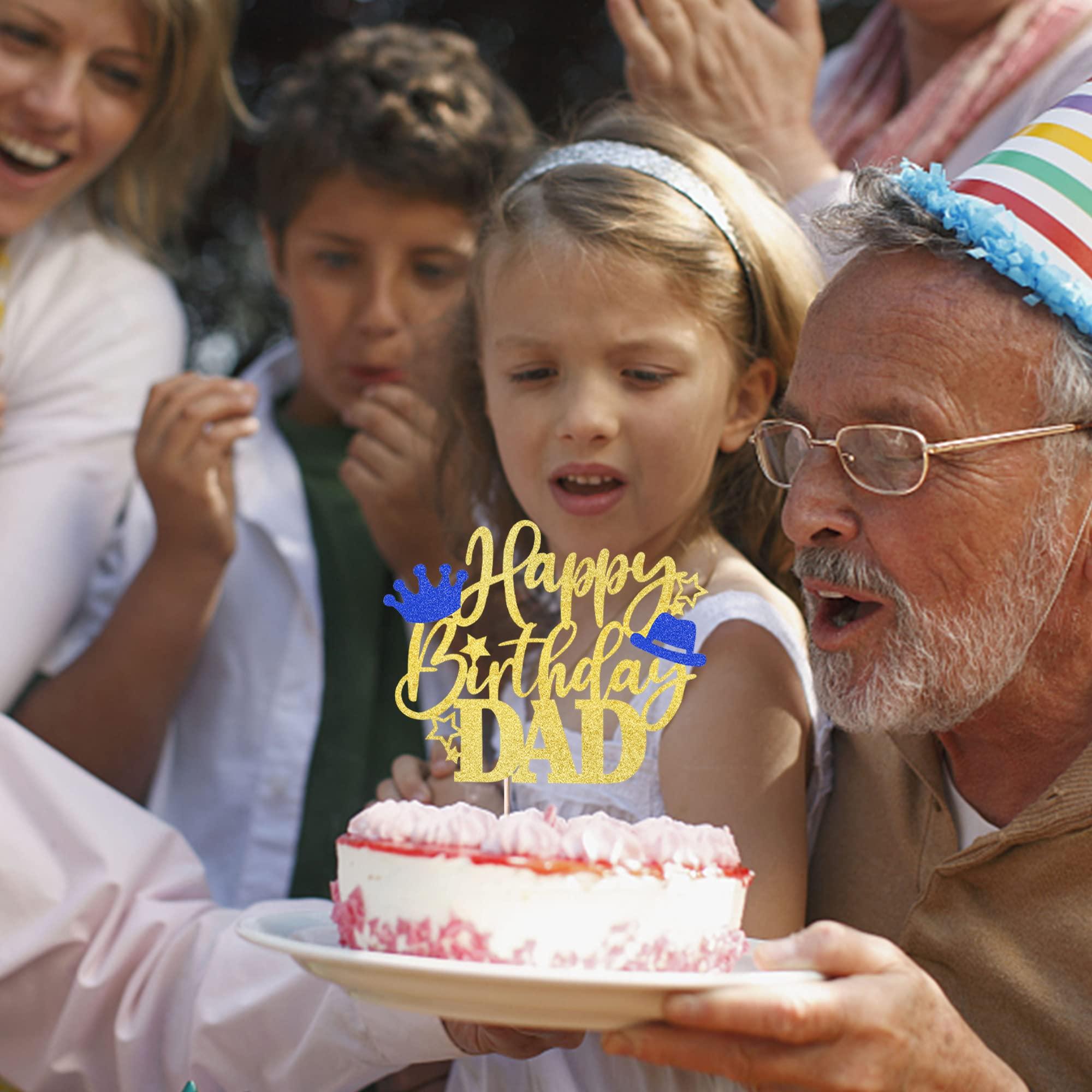 Rsstarxi Rsstarxi 1 Pack Happy Birthday Dad Cake Topper with Glitter Crown Hat Love Father Best Dad Birthday Cake Pick for Happy Father's Day Theme Dad Birthday Party Cake Decorations Supplies Gold