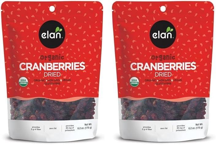 Elan Elan Organic Dried Cranberries, 6.2 oz, Whole Dried Cranberries, No Sulphites, No Fat, Non-GMO, Vegan, Gluten-Free, Kosher, Dried Fruits, Healthy Snacks (Pack of 2)