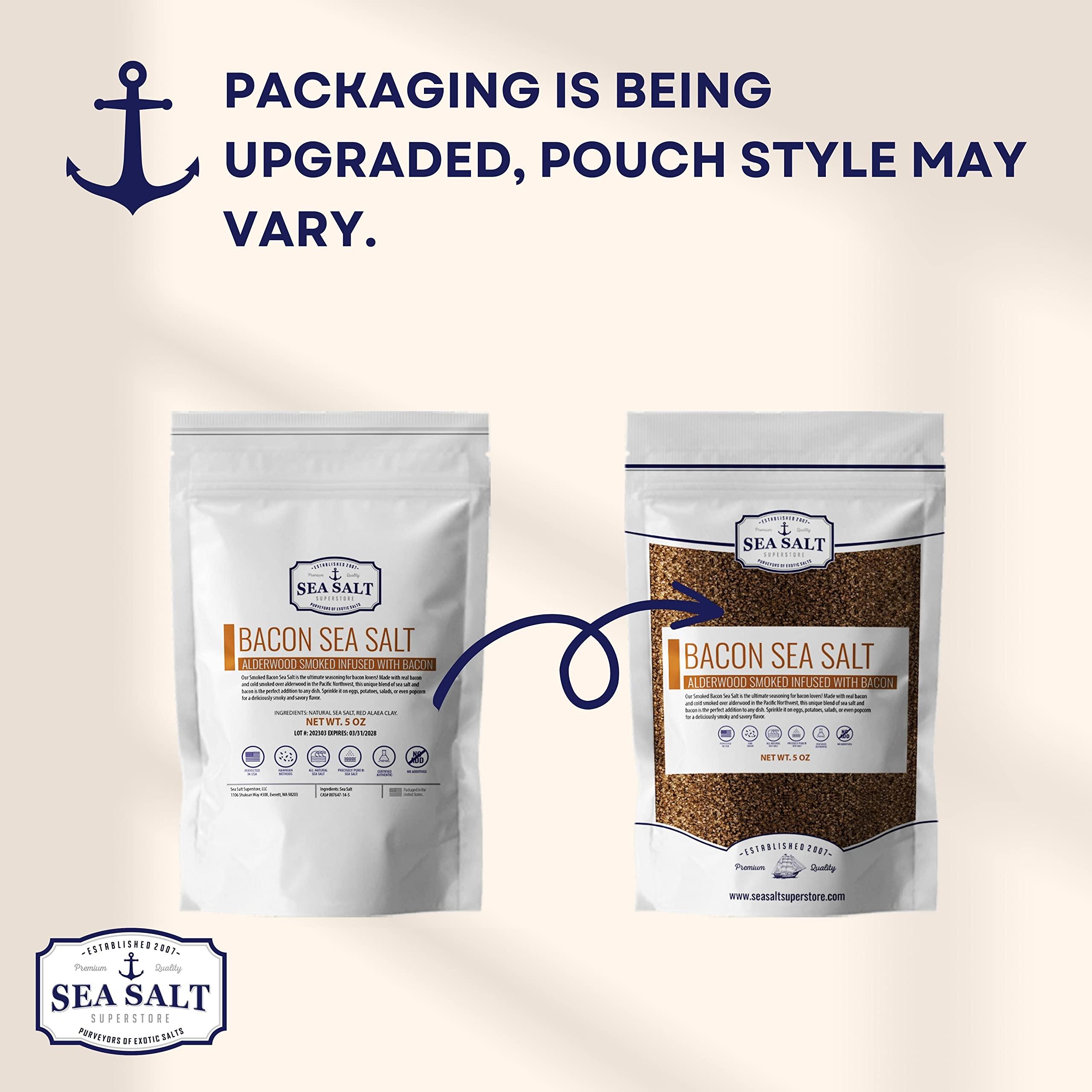 Sea Salt Superstore Smoked Bacon Sea Salt, Bacon Seasoning Smoked Salt, Alderwood Smoked Sea Salt, Bacon Infused Cooking and Finishing Salt, 5 oz Bag Bacon Salt, Sea Salt Superstore