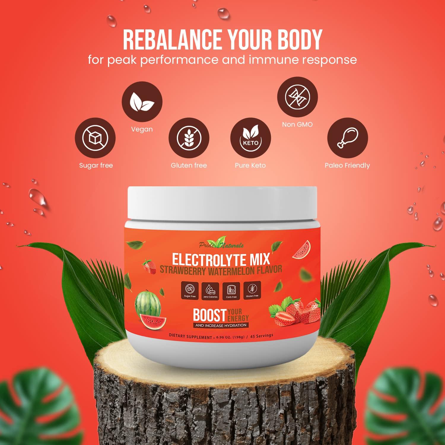 Pride Naturals Inc Electrolyte Powder - Refreshing Workout Recovery Electrolytes, Sugar Free, Gluten Free & Vegan, Pure Keto & Paleo Hydration Beverage, Immune Boosting Vitamins (198 Grams, Strawberry Watermelon)