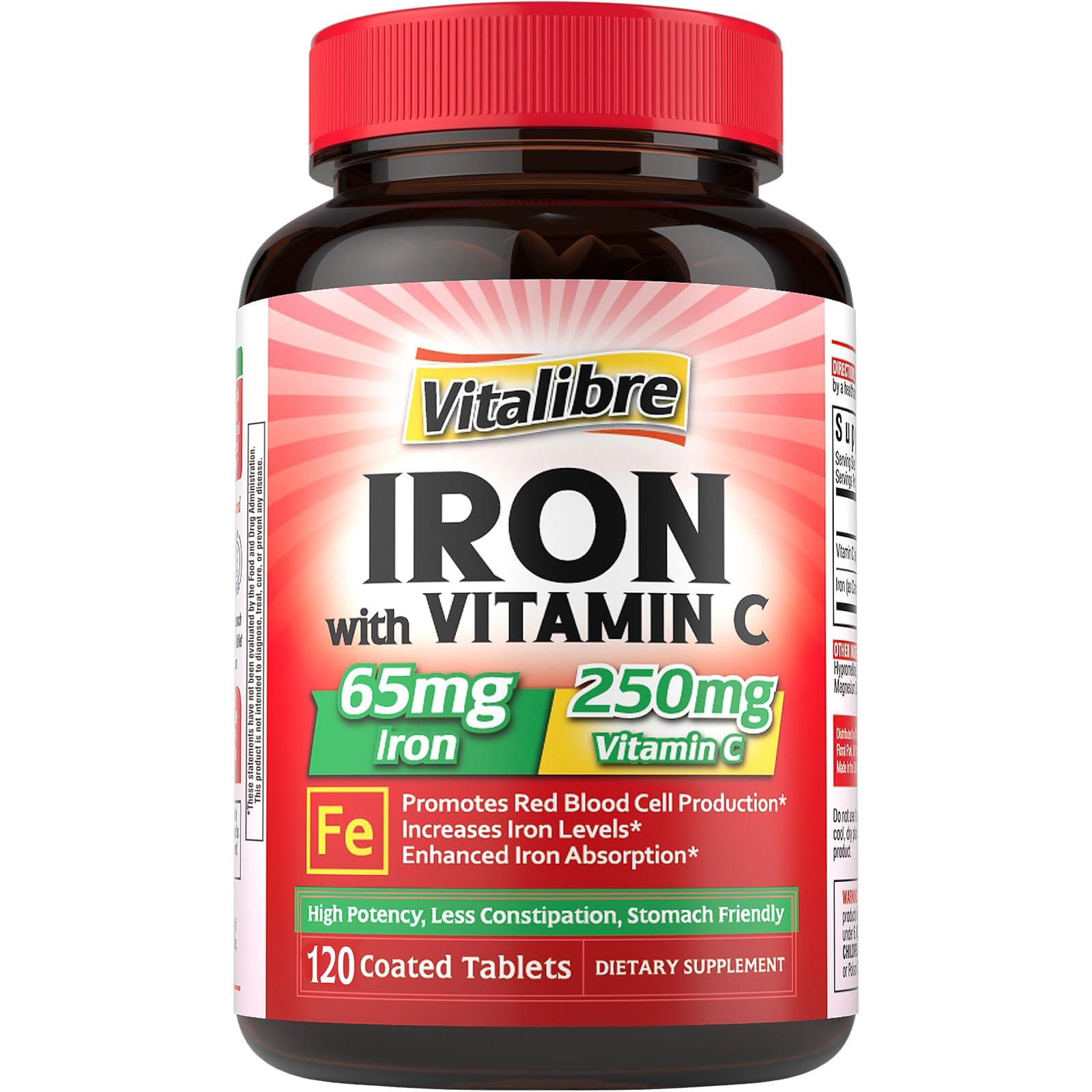 Vitalibre Iron Supplement 65mg with Vitamin C, Stomach Friendly Carbonyl Iron, High Potency & Absorption, for Healthy Iron & Energy Levels, Supports Red Blood Cell Production, 120 Tablets