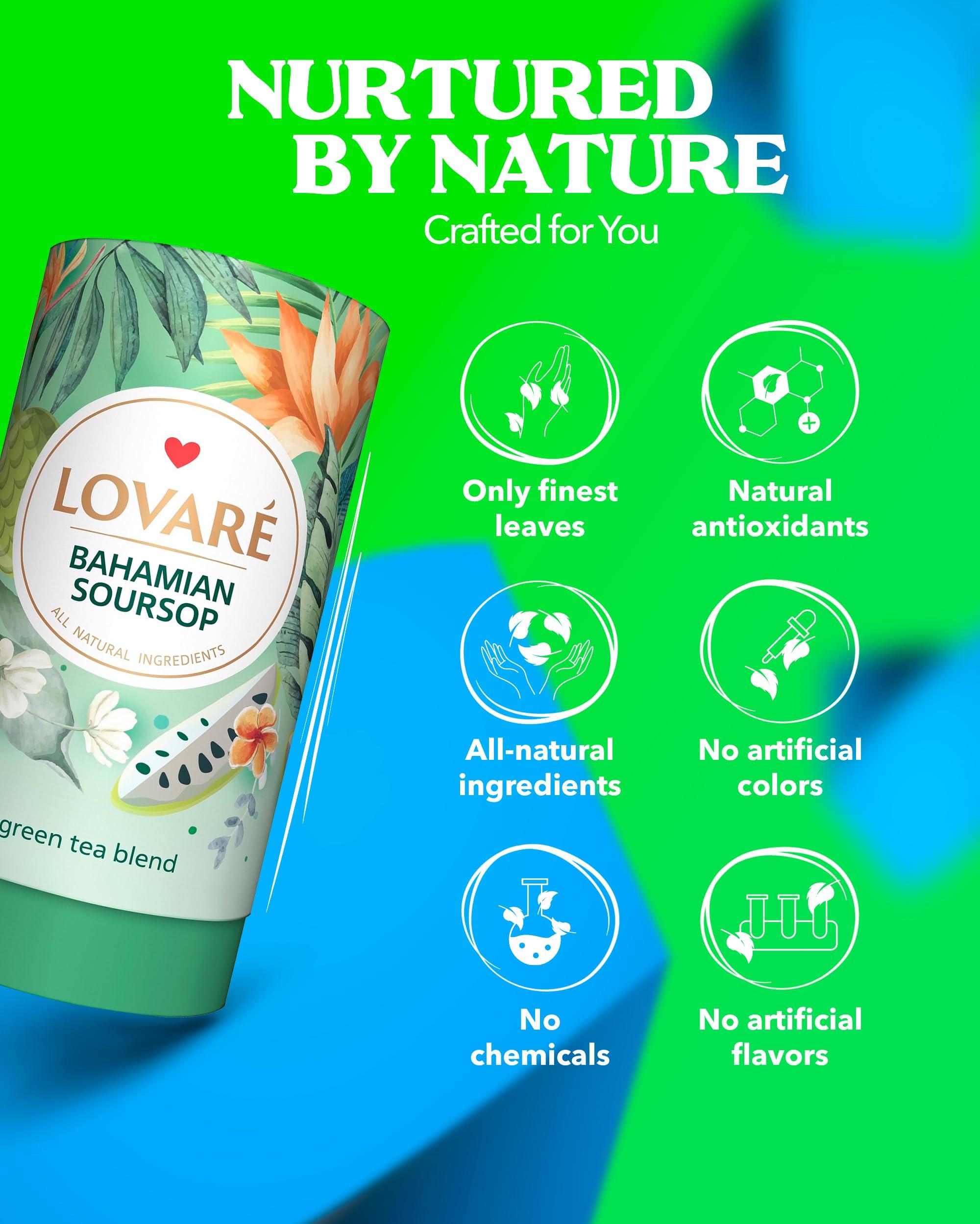 LOVARE LOVARE Bahamian Soursop Loose Leaf Tea 80 g - Made in Ukraine Green Tea, Soursop, and Orange Blossom - Gift Box with 15 Paper Filters Easy to Brew Tea Blend