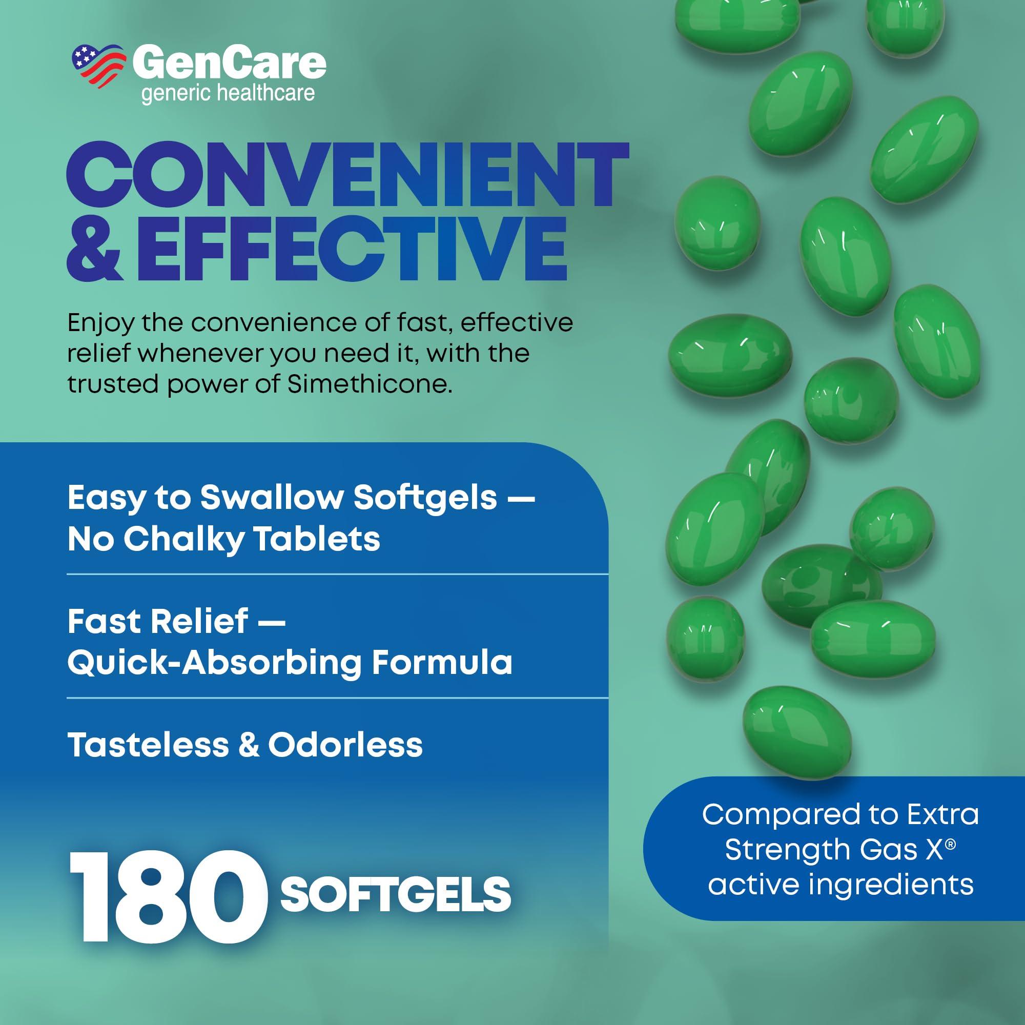 GenCare GenCare -Extra Strength Gas Relief Simethicone 125mg (180 Softgels) Maximum Strength Anti Gas Pills for Bloating Relief, Pressure & Discomfort - Compare to Generic Extra Strength Gas X
