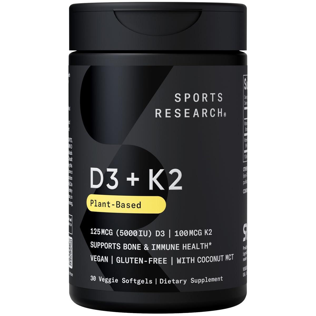 Sports Research Sports Research Vitamin D3 K2 with Coconut Oil | Plant Based Vitamin K2 MK7 + Vegan D3 5000iu for Bone & Immune Health | Vegan Certified, Soy & Gluten Free - 30 Count Softgels