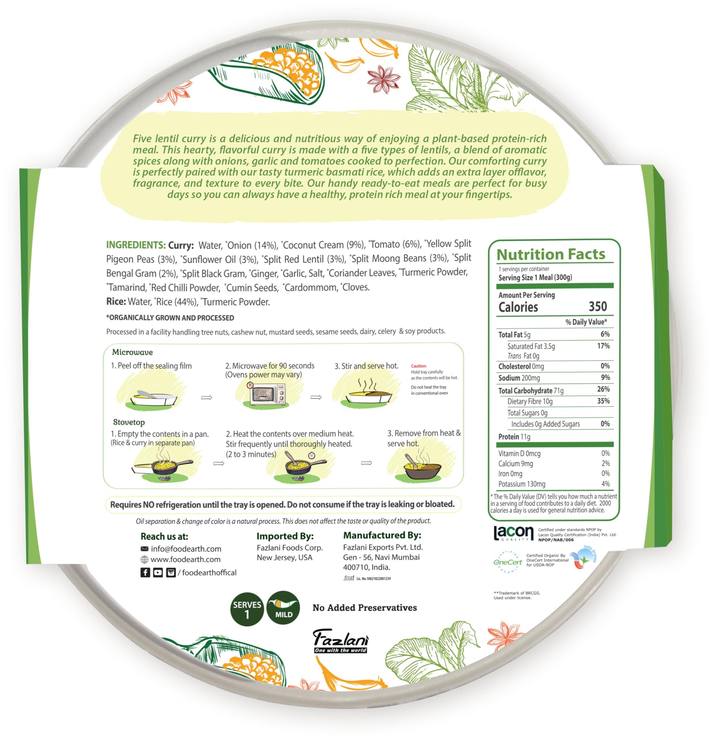 Food Earth Food Earth Ready to Eat Indian Cuisine - Five Lentil Curry with Turmeric Rice - Microwavable, Pre-packaged & Lunchable- Organic, Vegan, Gluten-Free, GMO-Free, Plant-Based - 10.58 oz each - Pack of 6