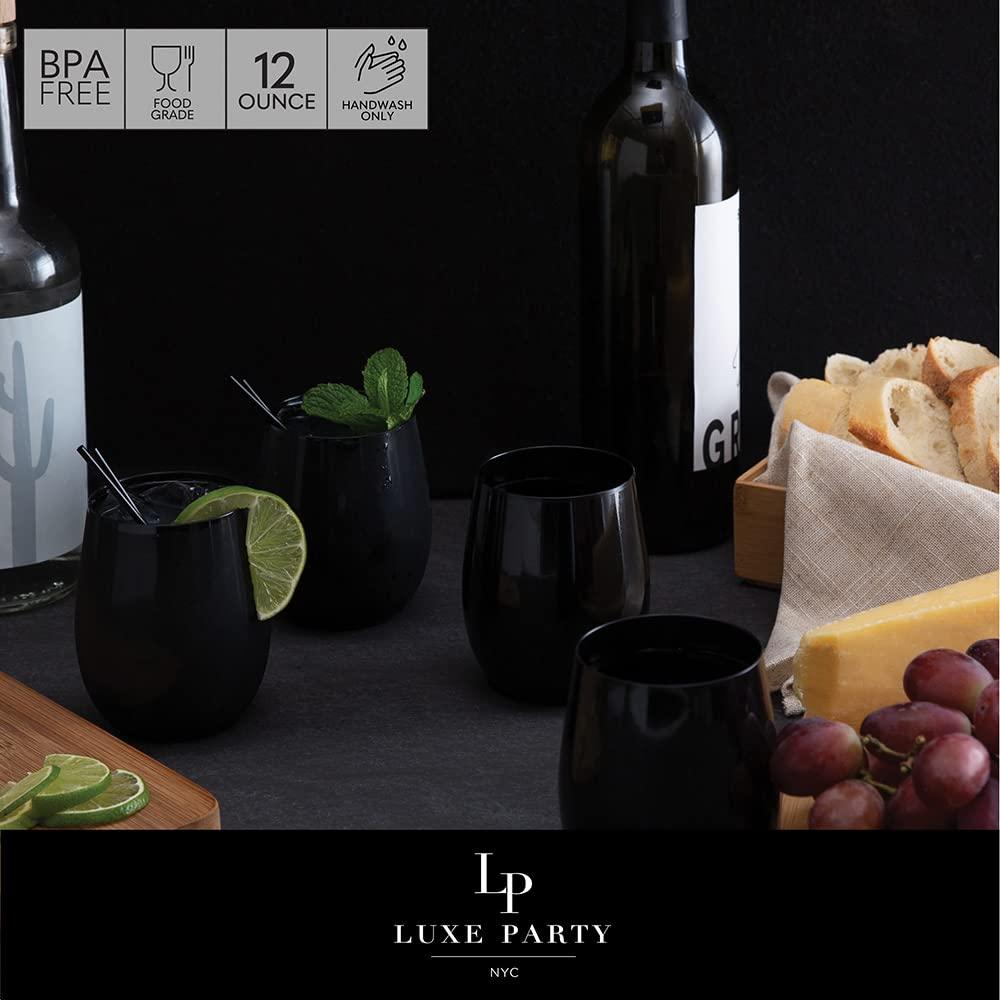 LUXE PARTY LUXE PARTY 36 Stemless Wine Glass Plastic, 12oz Black Plastic Wine Glasses For Parties Disposable Party Cups, Plastic Wine Cups, Wine Glasses Plastic Disposable Plastic Wine Tumbler