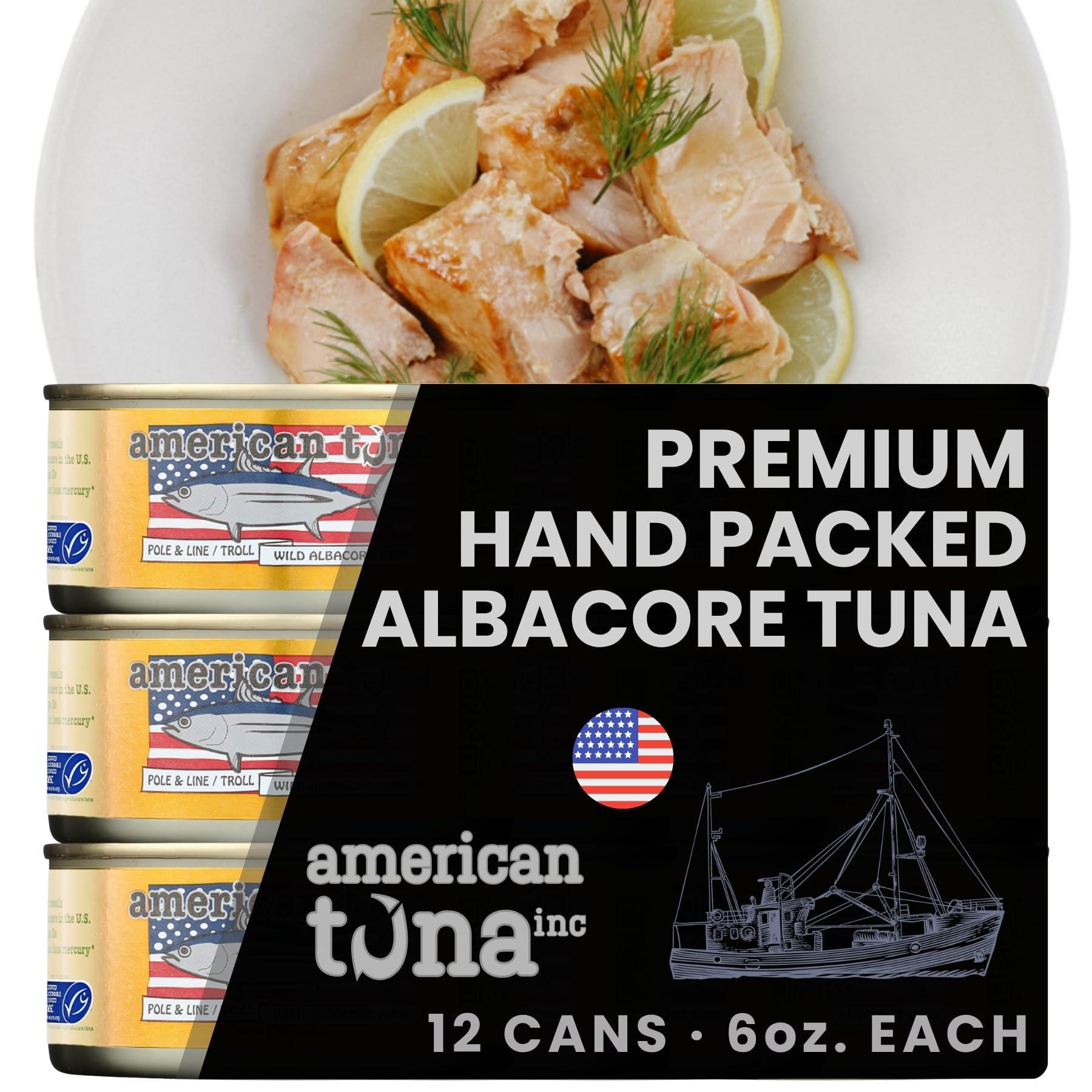 American Tuna Wild Albacore Tuna Fish by American Tuna - with Sea Salt, MSC Certified, Sustainable One by One Pole Wild Caught Fish - 6 oz cans | Pack of 12 | Premium Canned Tuna for Health and Flavor Enthusiasts!