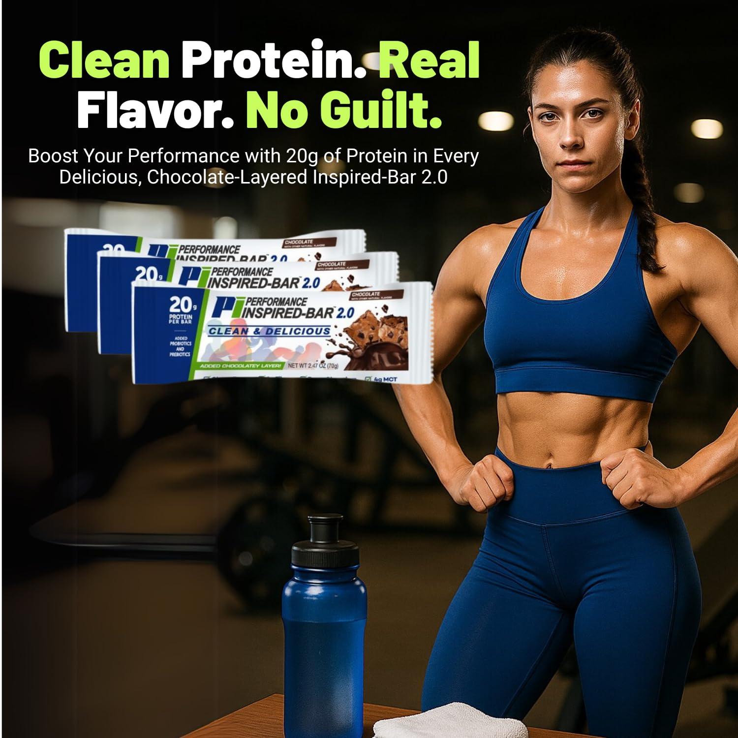 PERFORMANCE INSPIRED Performance Inspired Nutrition Protein Bar 2.0  20G Protein, 6G Fiber, 4G MCTs, 1 Billion CFU Probiotics  Gluten-Free  Chocolate Flavor  12 Count