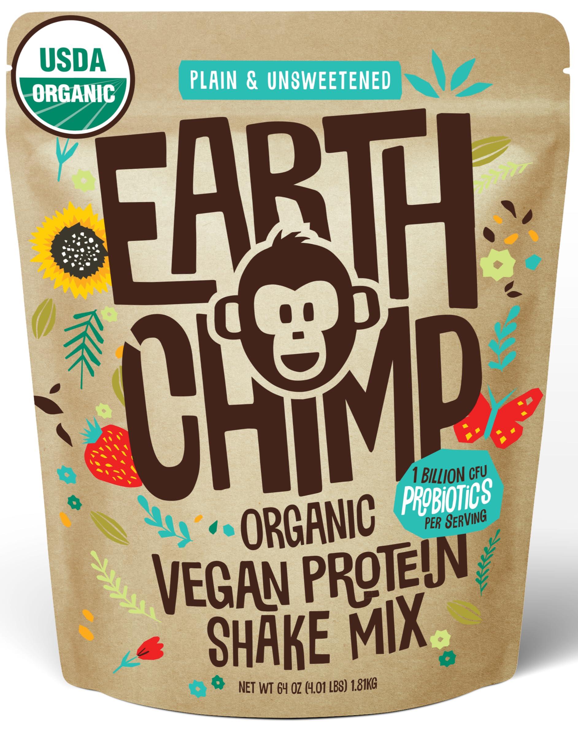EarthChimp EarthChimp Organic Vegan Protein Powder - with Probiotics - Non GMO, Dairy Free, Non Whey, Plant Based Protein Powder for Women and Men, Gluten Free - 52 Servings, 64 Oz (Plain & Unsweetened)