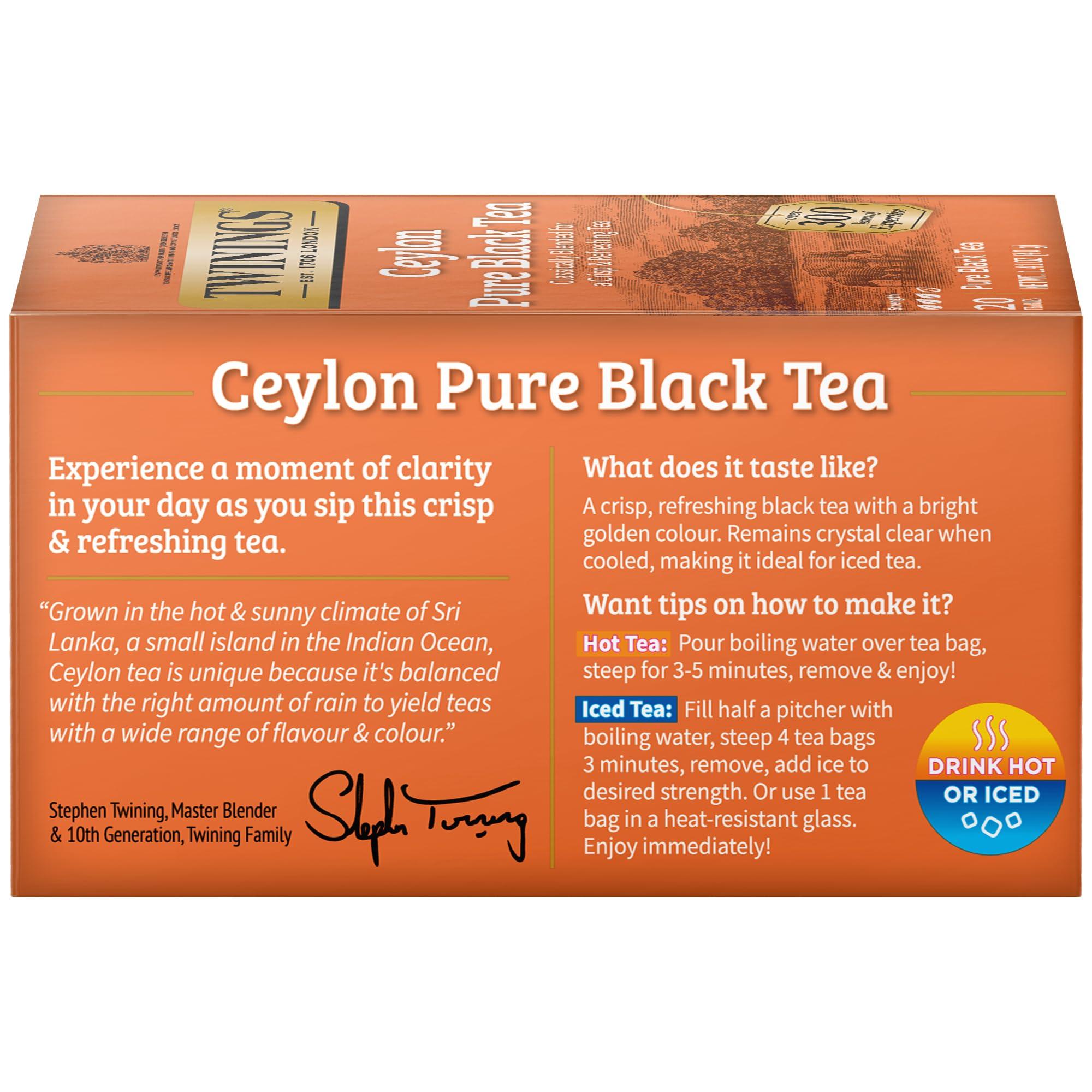 Twinings Twinings Ceylon Pure Black Tea Individually Wrapped Bags, 20 Count (Pack of 1), formerly Ceylon Orange Pekoe, Crisp, Refreshing, Caffeinated, Enjoy Hot or Iced | Packaging May Vary