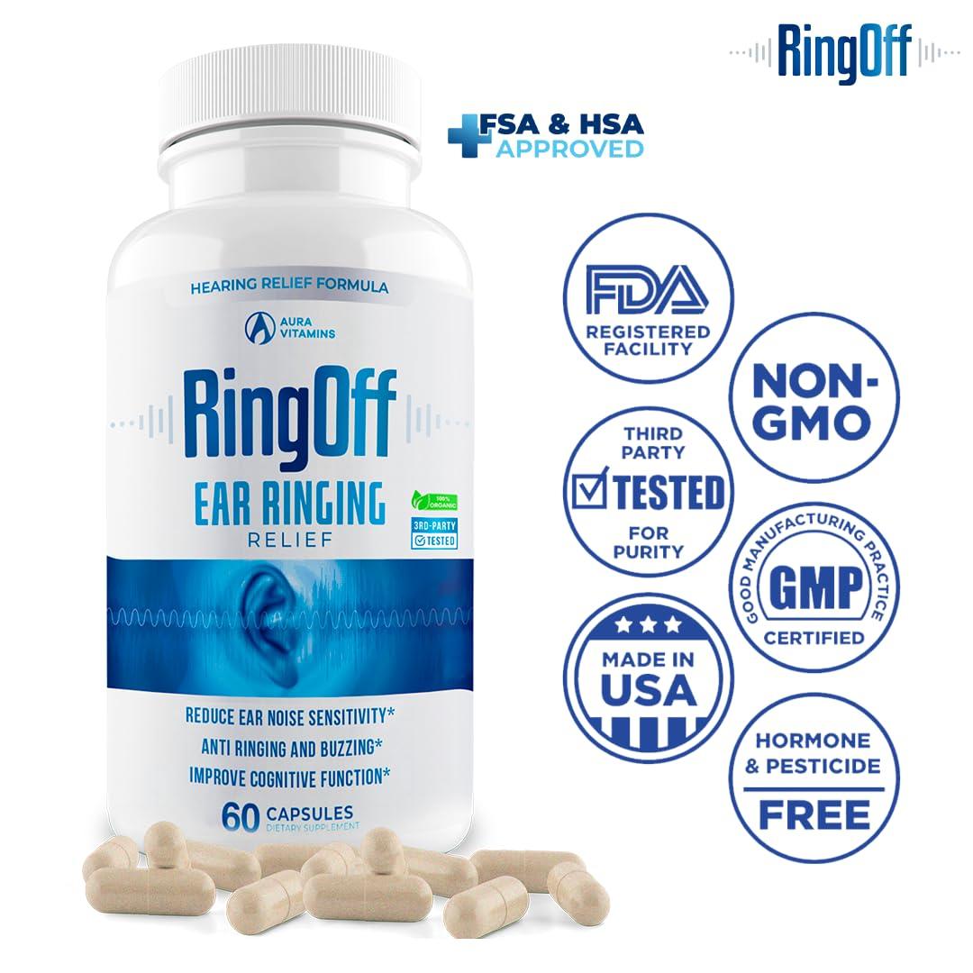 AURA VITAMINS Ring Off (120 Caps) Tinnitus Relief for Ringing Ears, Clear Tinnitus Quieting Ear Ringing Relief & Restoring Inner Peace, Ginkgo Biloba, Zinc Picolinate & More Effective Hearing Health Support