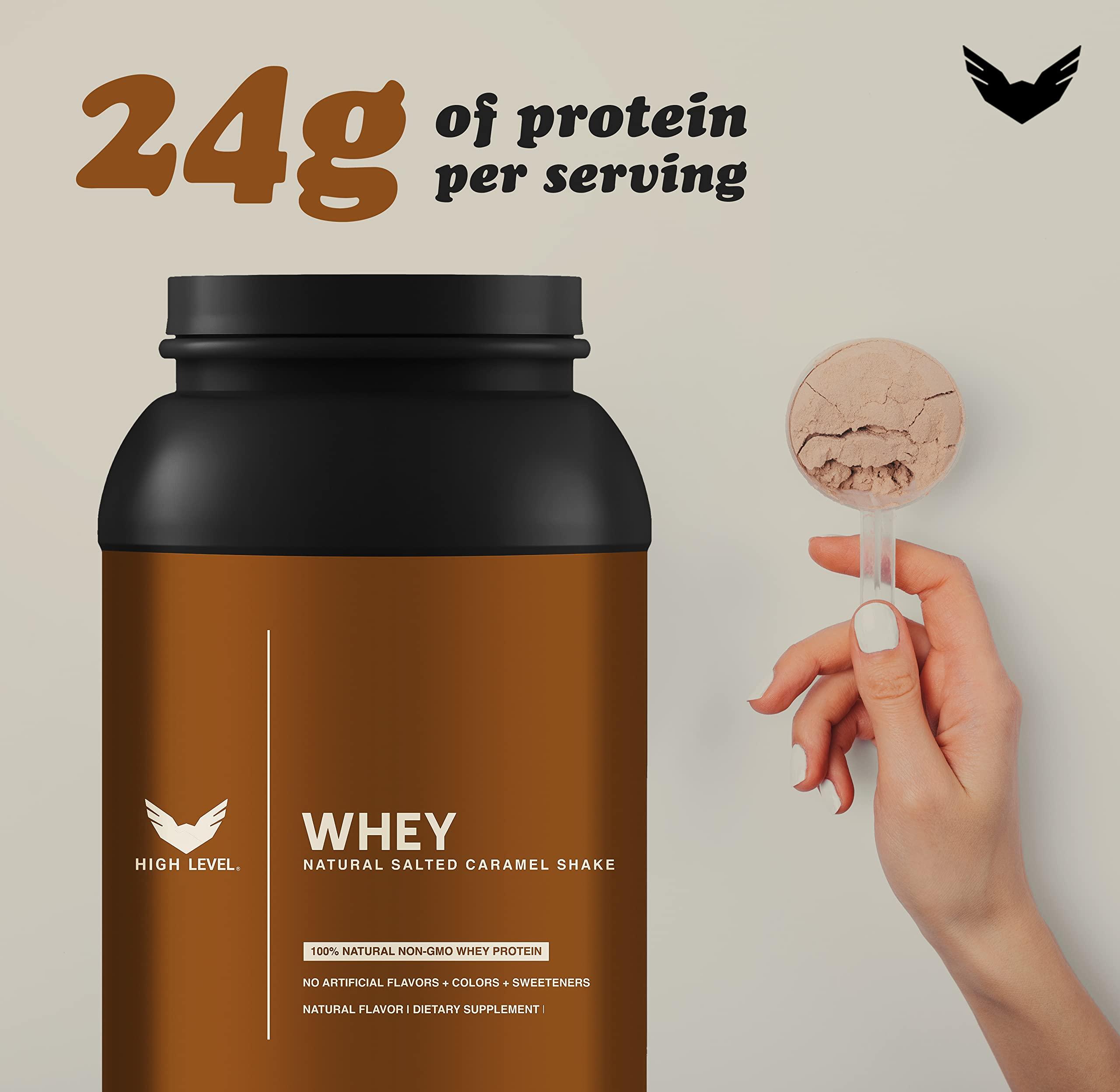 High Level High Level Whey Protein Powder - Natural, 24g Protein, 2 lb, Salted Caramel Shake Sweetened with Stevia, Ultra-Filtered, Non-GMO, Includes Digestive Enzymes, No Artificial Additives, Made in USA