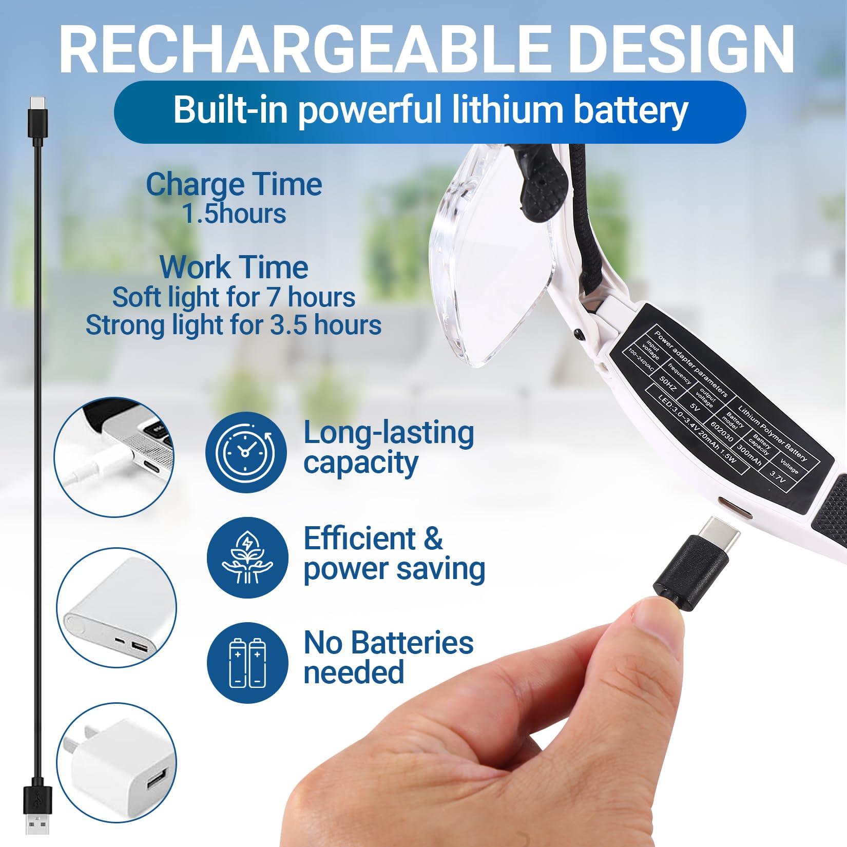 YOCTOSUN YOCTOSUN Head Magnifier Glasses with 3 LED Lights and Detachable Lenses 0.75X, 1.25X,2.0X, 3.0X and 4.0X, USB Charging Eyeglasses Magnifier, Magnifying Glasses with Light for Close Work Hobby Crafts