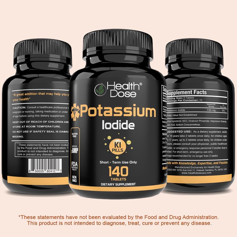 Health Dose Health Dose Potassium + Iodide (KI) Tablets 130mg 140 Tablets for Thyroid Support, Cellular Metabolism & Electrolyte Balance Non-GMO, Gluten-Free, GMP Certified, Pack of 2