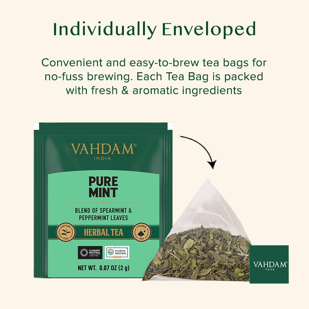 VAHDAM VAHDAM, Pure Mint Herbal Tea (15 Pyramid Tea Bags) Caffeine Free, Non GMO, Gluten Free | Blend of Spearmint & Peppermint - Sweet & Minty | Resealable Ziplock Pouch