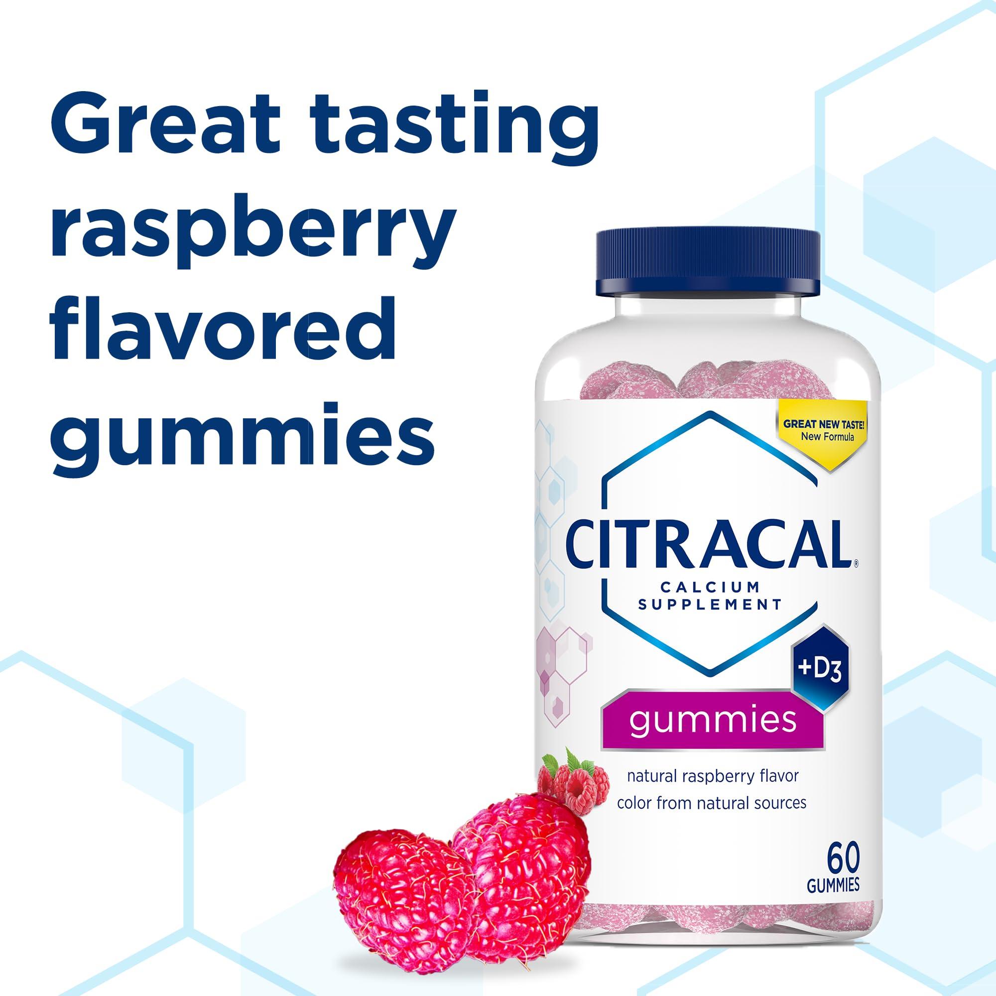 CITRACAL Citracal Calcium Supplement Gummies, Chewable Calcium with Vitamin D3, Supports Bone Health, Calcium Chews for Ages 12+, Natural Raspberry Flavor, 60 Count