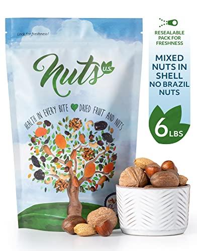 NUTS - U.S. - HEALTH IN EVERY BITE ! NUTS U.S. – Mixed Nuts In Shell (Almonds, Walnuts, Hazelnuts, Pecans) | No Added Colors and No Artificial Flavors | Fresh Buttery Taste and Raw |Packed In Resealable Bags!!! (6 LBS)