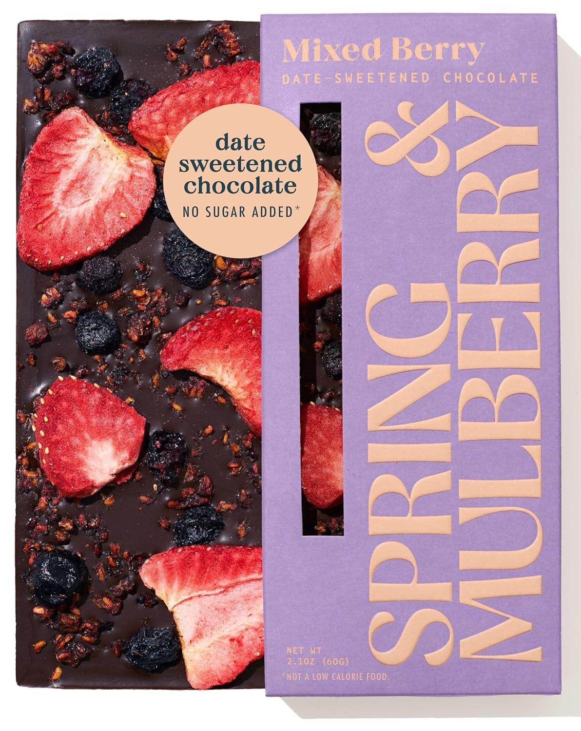Spring & Mulberry Spring & Mulberry Dark Chocolate Bars Healthy Dark Chocolate, Date-Sweetened, Perfect for Valentines Day Gift Giving - Mixed Berry 3 Pack