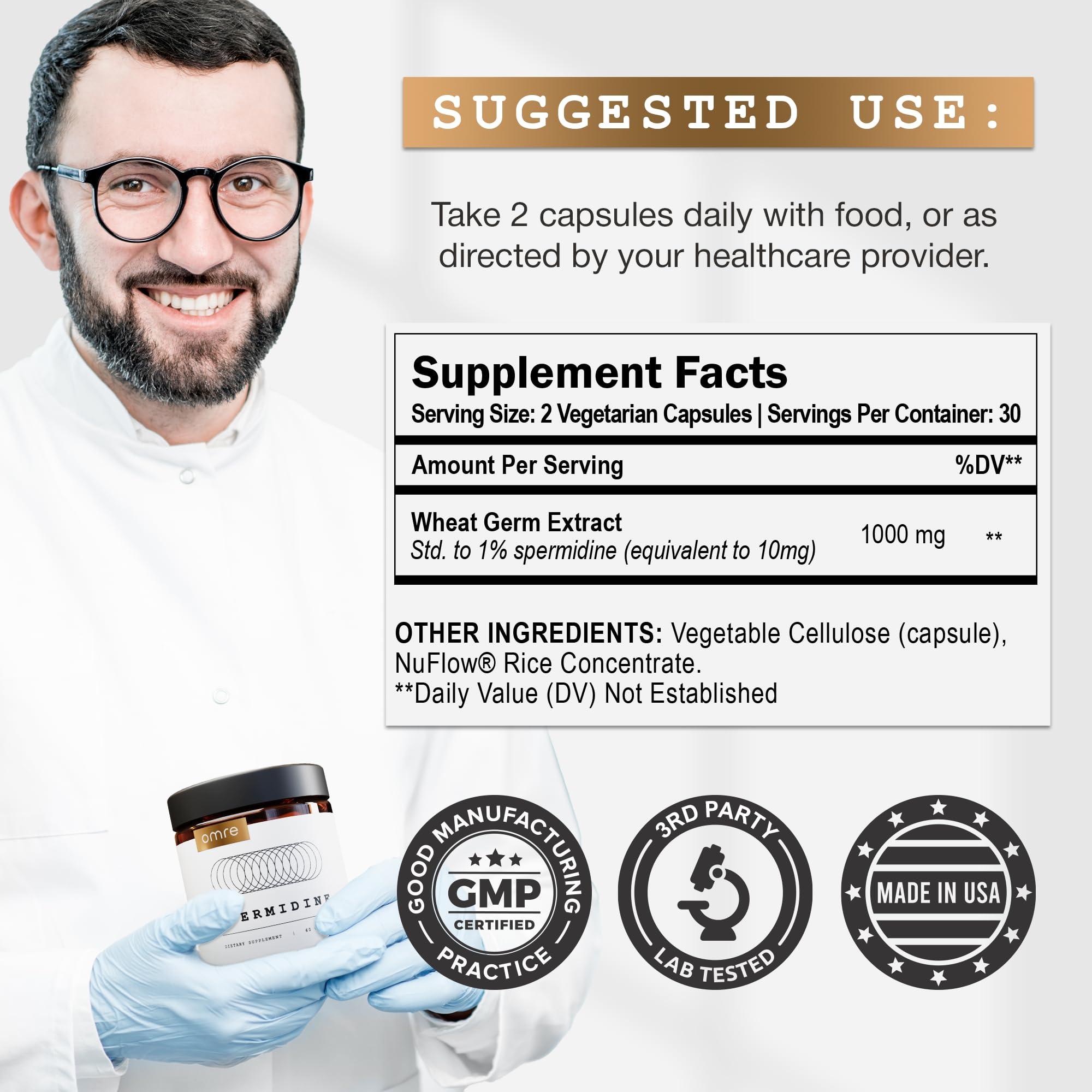 omre omre Spermidine Supplement (10mg of Non-Synthetic Spermidine) - 3rd-Party Tested 1000mg Wheat Germ Extract Standardized to No Less Than 1% Spermidine - 10mg of Natural Spermidine per Serving