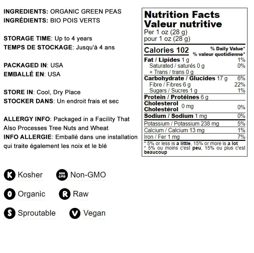 Food to Live Food to Live Organic Whole Dried Green Peas, 5 Pounds Non-GMO, Green Vatana, Sproutable, Vegan, Kosher, Bulk. Pre-Soak Needed. Rich in Protein, Fiber. Great for Green Curry, Stews, Salads, Pea Soup